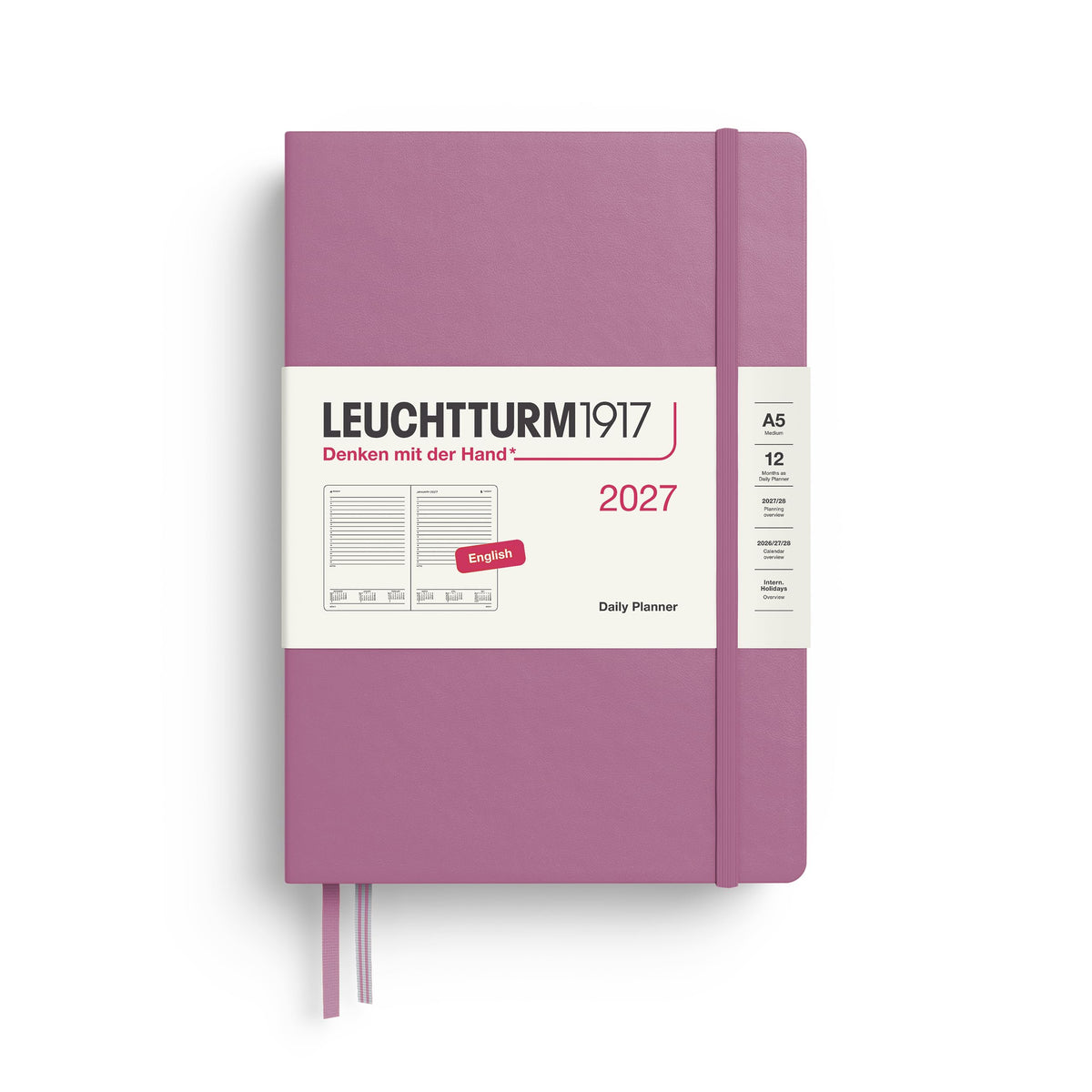 LEUCHTTURM1917 Daily Calendar 2027 Medium (A5) - English, Dusty Rose, 145 x 210 mm, January-December (12 months), 1 page per day, hourly grid 7:00-22:00, hardcover, 80 g/m² paper - 400325