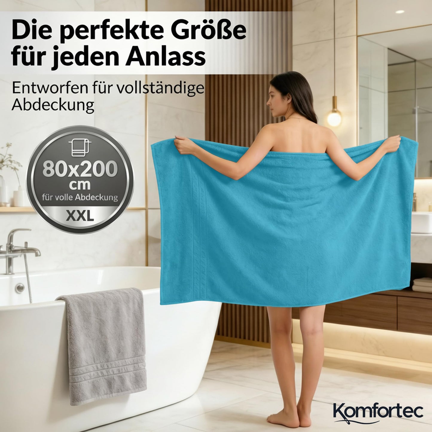 Komfortec 2 sauna towel set 80x200 cm, large sauna towels made of 100% cotton, sauna towels, fluffy and absorbent, quick-drying, light gray/turquoise - 2er-80x200-silber-und-türkis
