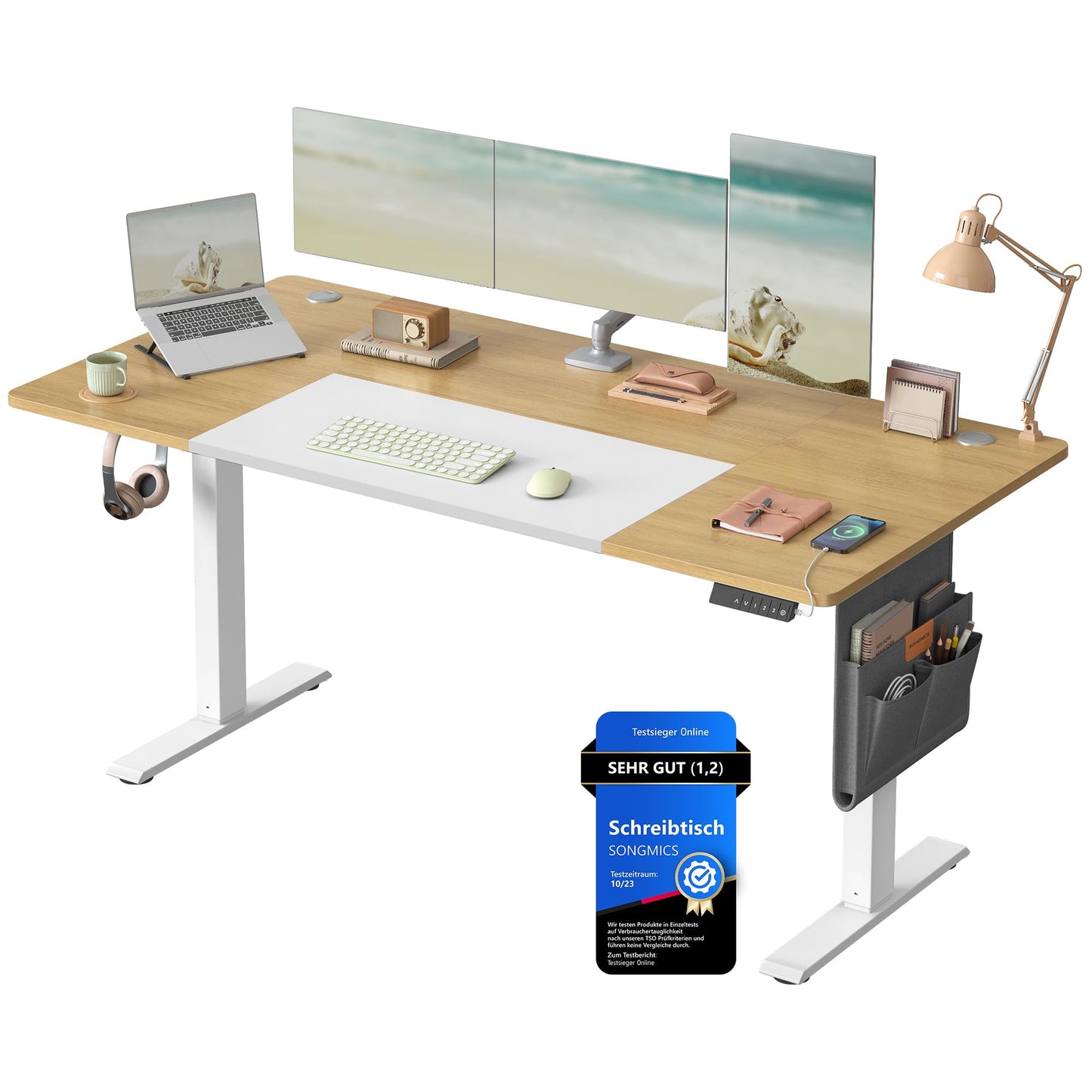 SONGMICS Electric height-adjustable desk, 160 x 70 cm, infinitely adjustable, memory function with 4 heights, natural oak color-matt white LSD026N01