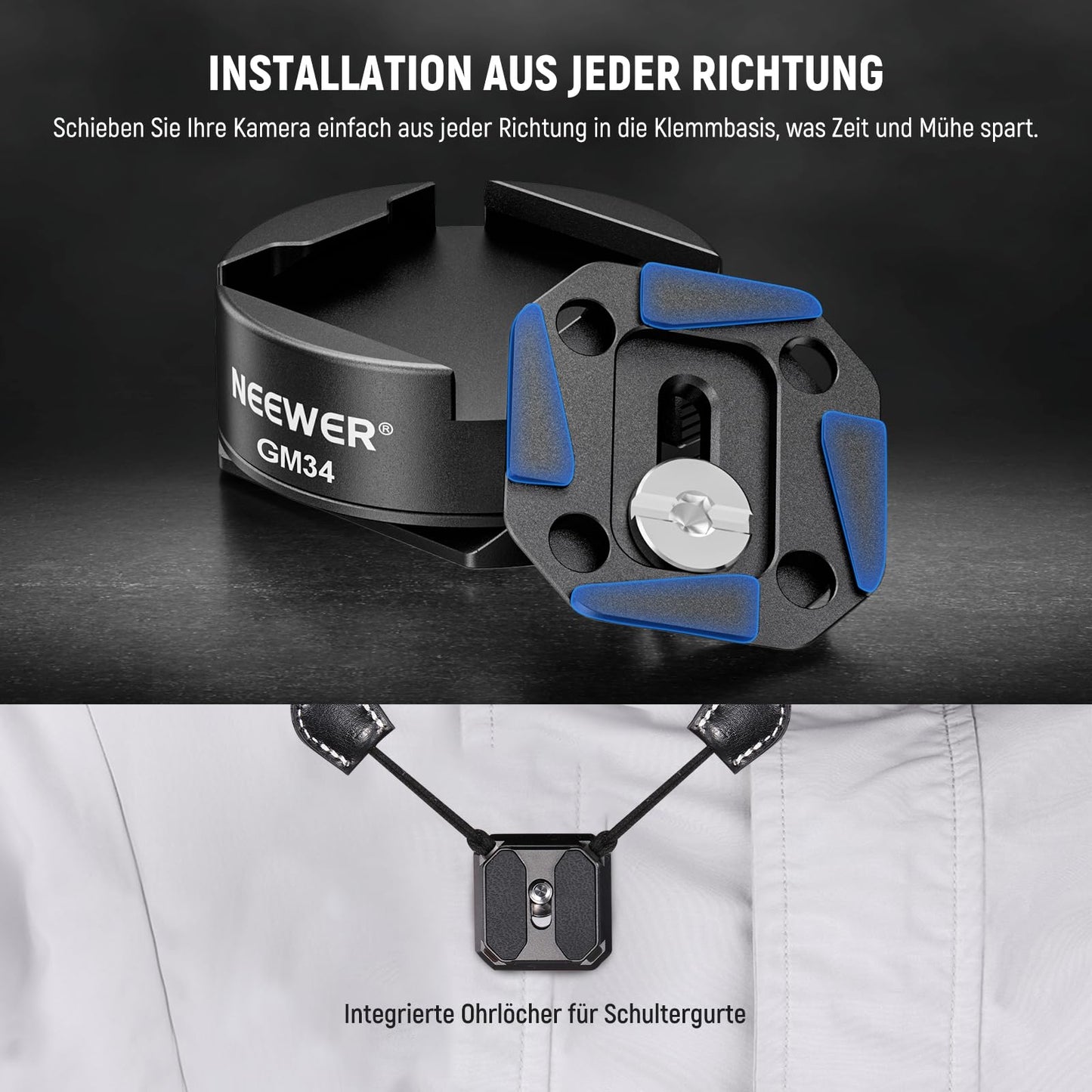 NEEWER GM34 camera quick release plate set, quick release automatic locking, square QR mounting plate with Arca clamp, compatible with Arca Swiss, camera clamp, maximum load 11lb/5kg