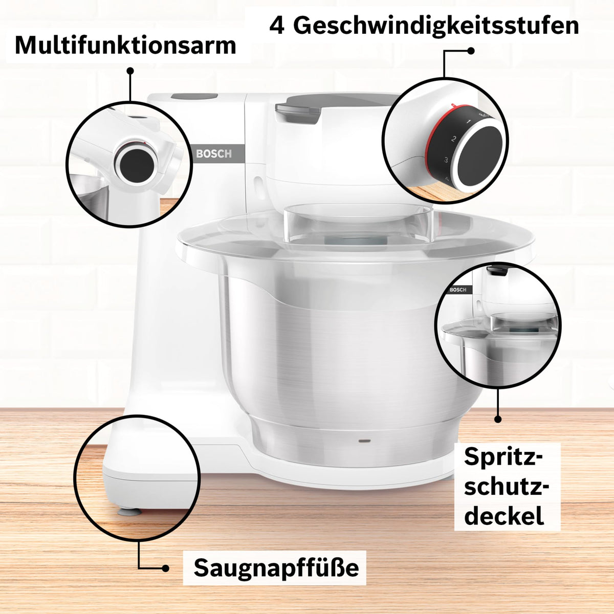 Bosch Kitchen Machine Series 2, small kitchen machine, stainless steel bowl 3.8 L, kneading hook, whisk, mixing beater dishwasher safe, 4 working speeds, 700W, white, MUMS2EW00