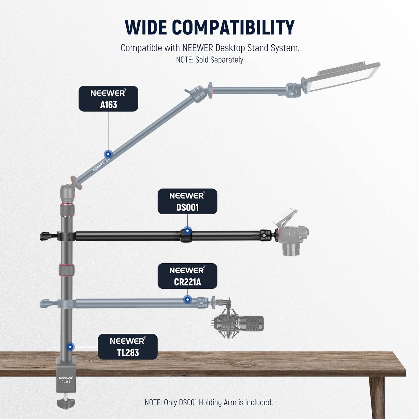NEEWER Table Overhead Camera Mount Arm, 11.8"-20"/30-51cm Telescopic Extension Arm for Table Stand with Ball Head Mount 1/4" 3/8" 5/8" Screws for Webcam Camera LED Ring Light Microphone,DS001 - 10101938