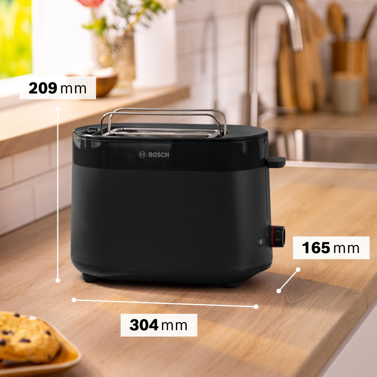 Bosch Compact Toaster MyMoment TAT2M123, integrated bun warmer, with defrost function, automatic shut-off, lift function, bread centering, perfect for 2 slices, 800 Watts, Matte Black