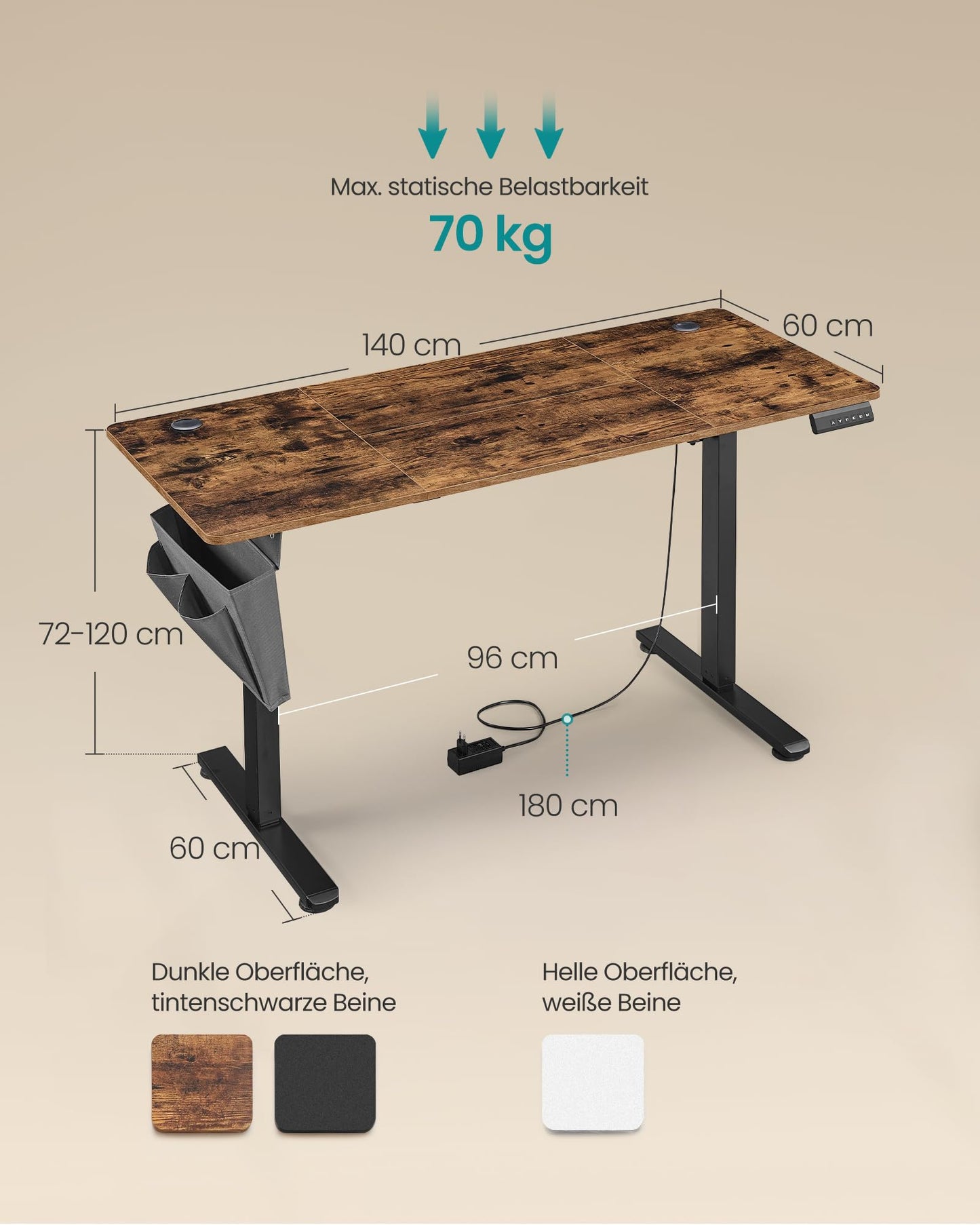 SONGMICS Electric height-adjustable desk, 140 x 60 cm, infinitely adjustable, memory function with 4 heights, vintage brown LSD134K01
