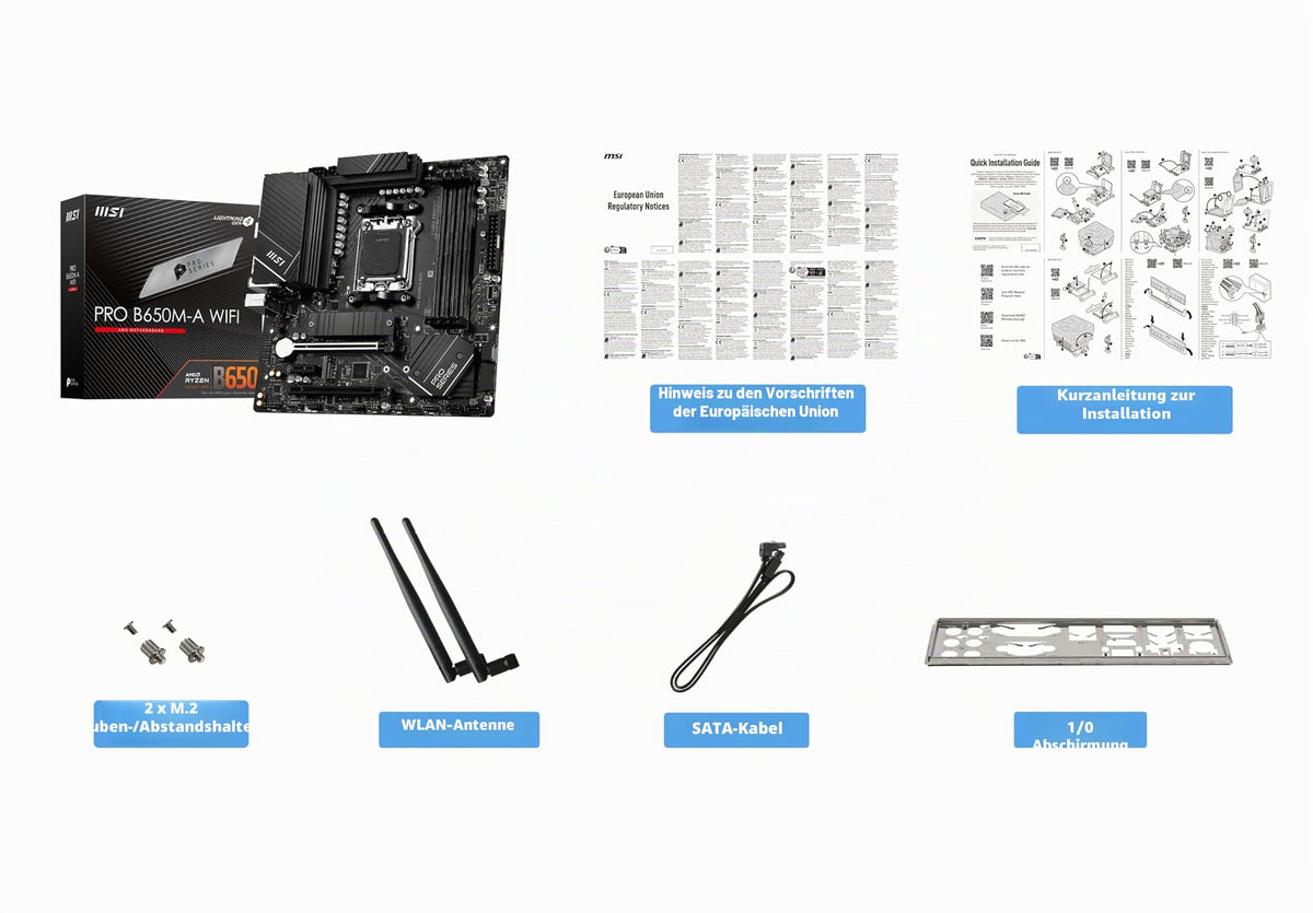 MSI PRO B650M-A WiFi Motherboard, Micro-ATX - Supports Ryzen 9000, 8000 & 7000 Series Processors, AM5 - DDR5 Memory Boost 6400+MHz/OC, 2 x PCIe 4.0 x16, 2 x M.2 Gen4, Wi-Fi 6E - 7D77-001R