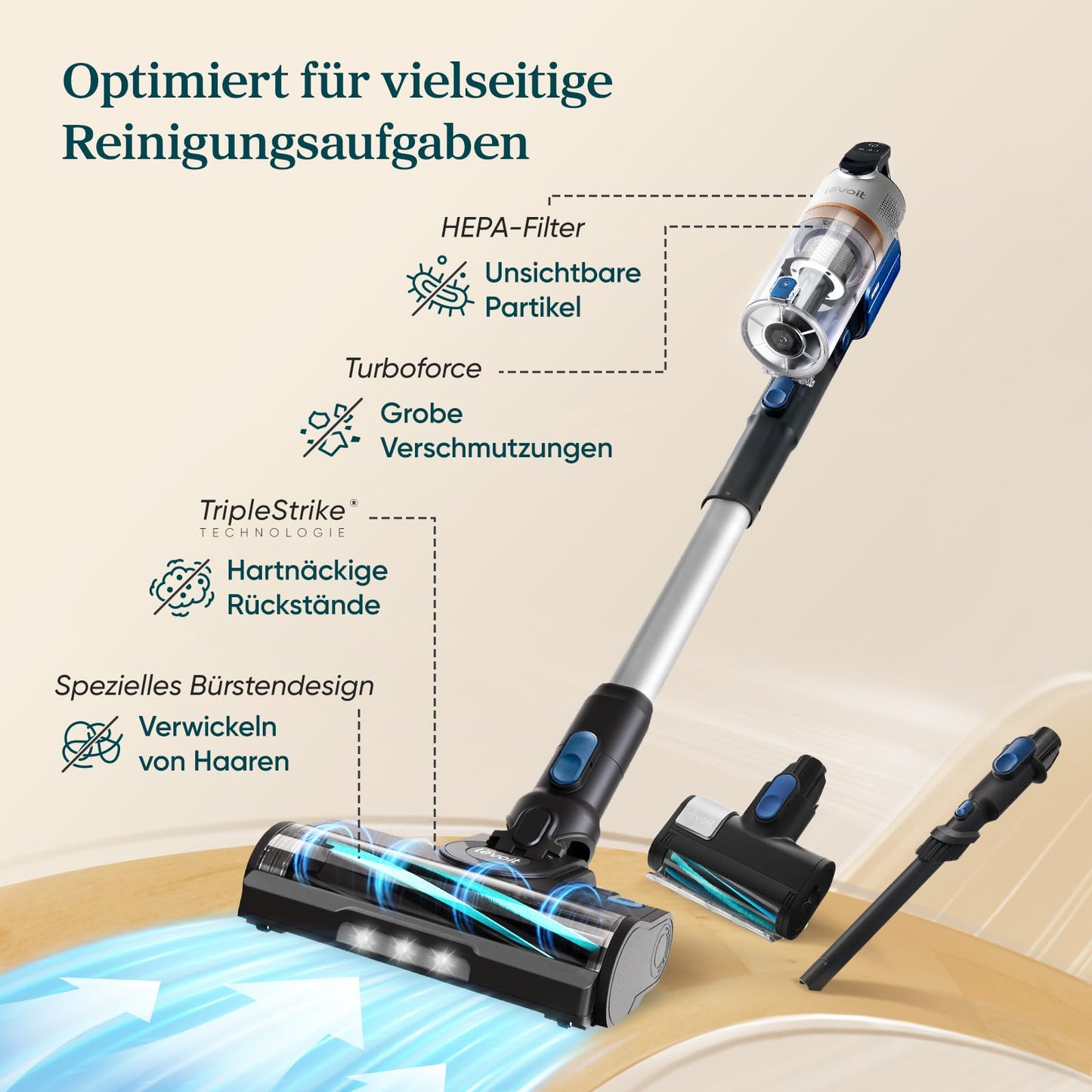Levoit - Cordless vacuum cleaner - Running time for 150㎡ - Wireless vacuum cleaner - 99.9 percent dust capture rate - Mini motor brush - Self-standing - Anti Tangle - For pet hair/carpets/hard floors/car-LVAC-300, blue - LVAC-300DE
