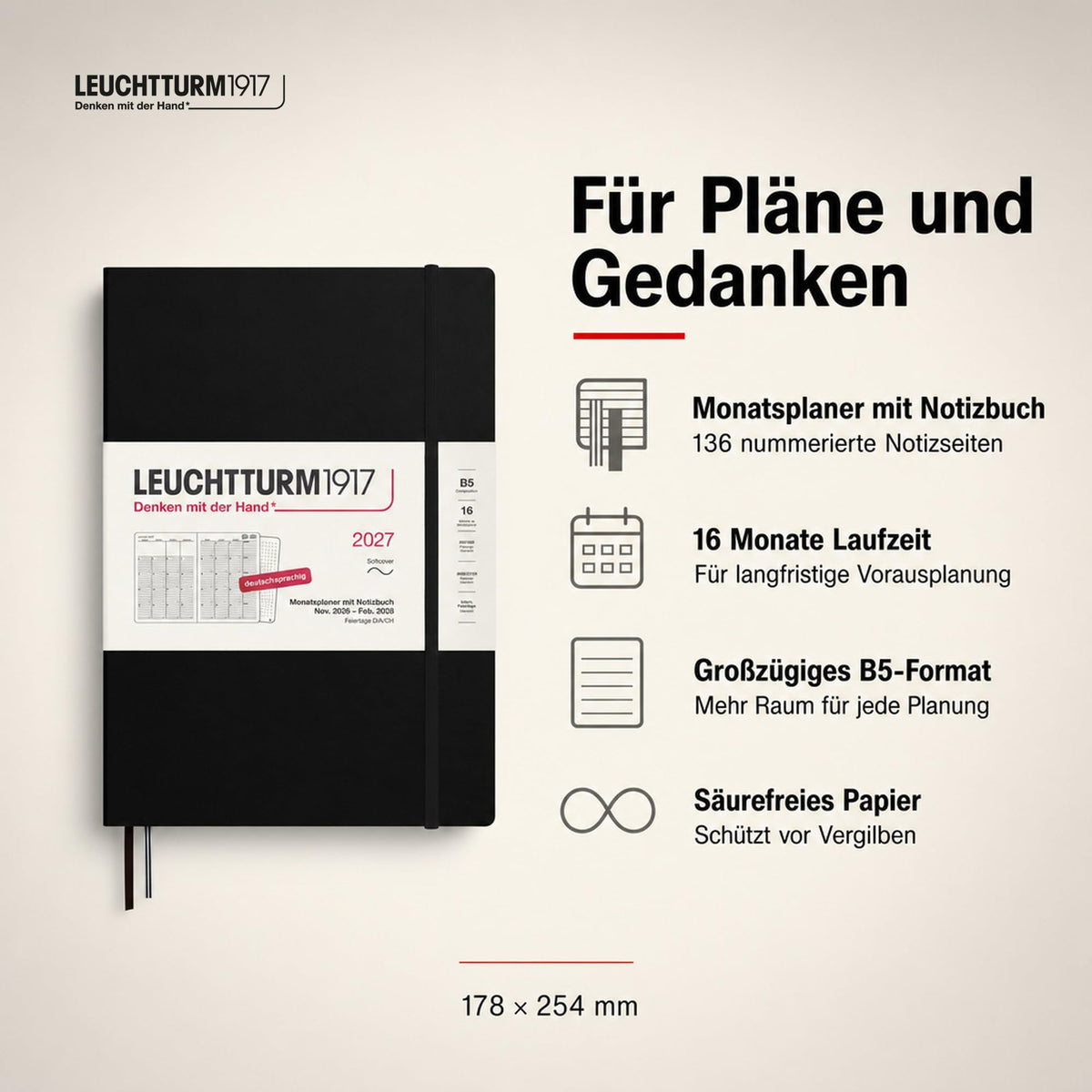 LEUCHTTURM1917 planificator lunar cu caiet 2027 Compoziție (B5) - germană, negru, copertă moale, 16 luni (01.11.2026-28.02.2028), 132 pagini de note punctate cu cuprins - 400170