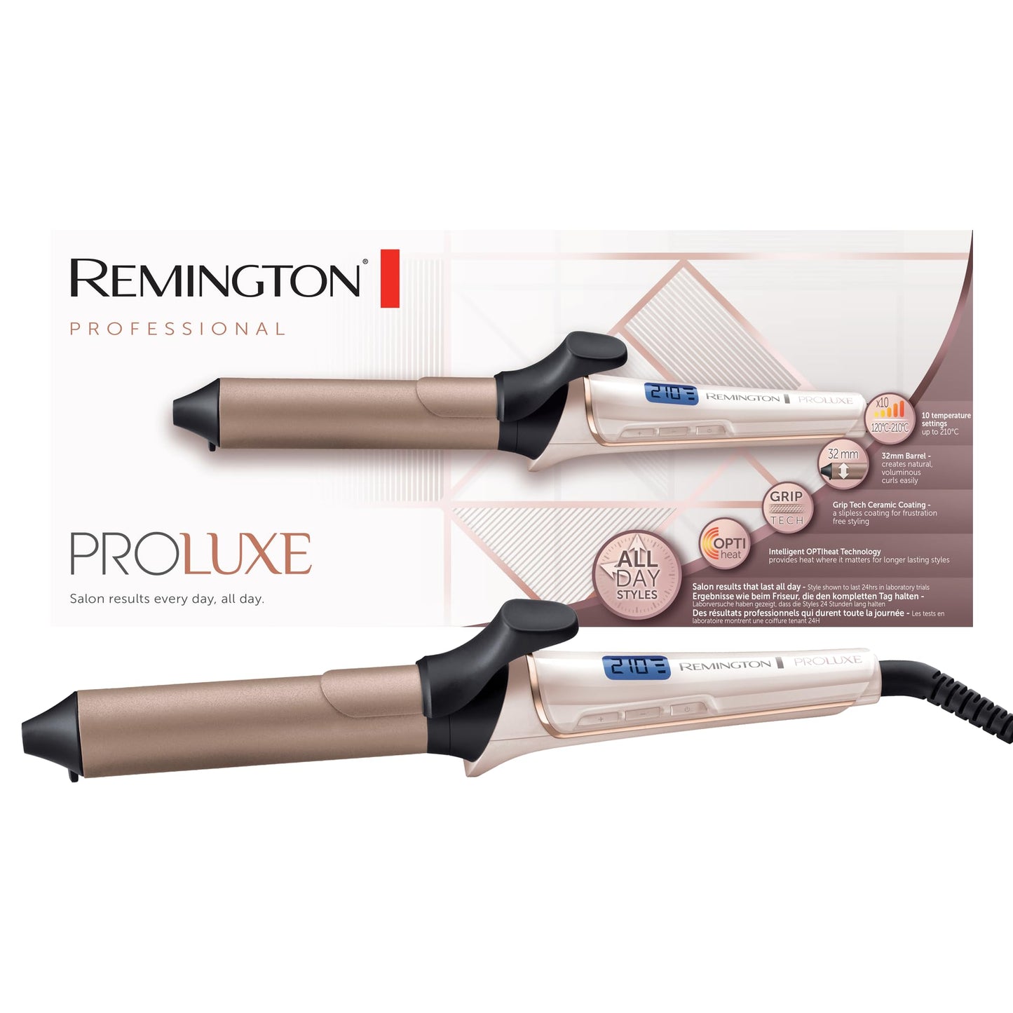 Remington curling iron large curls [32mm] PROluxe Digital (OPTIheat technology, Grip-Tech ceramic coating) -LCD display up to 210°, gentle waves for fine to strong hair, black/brown, CI9132