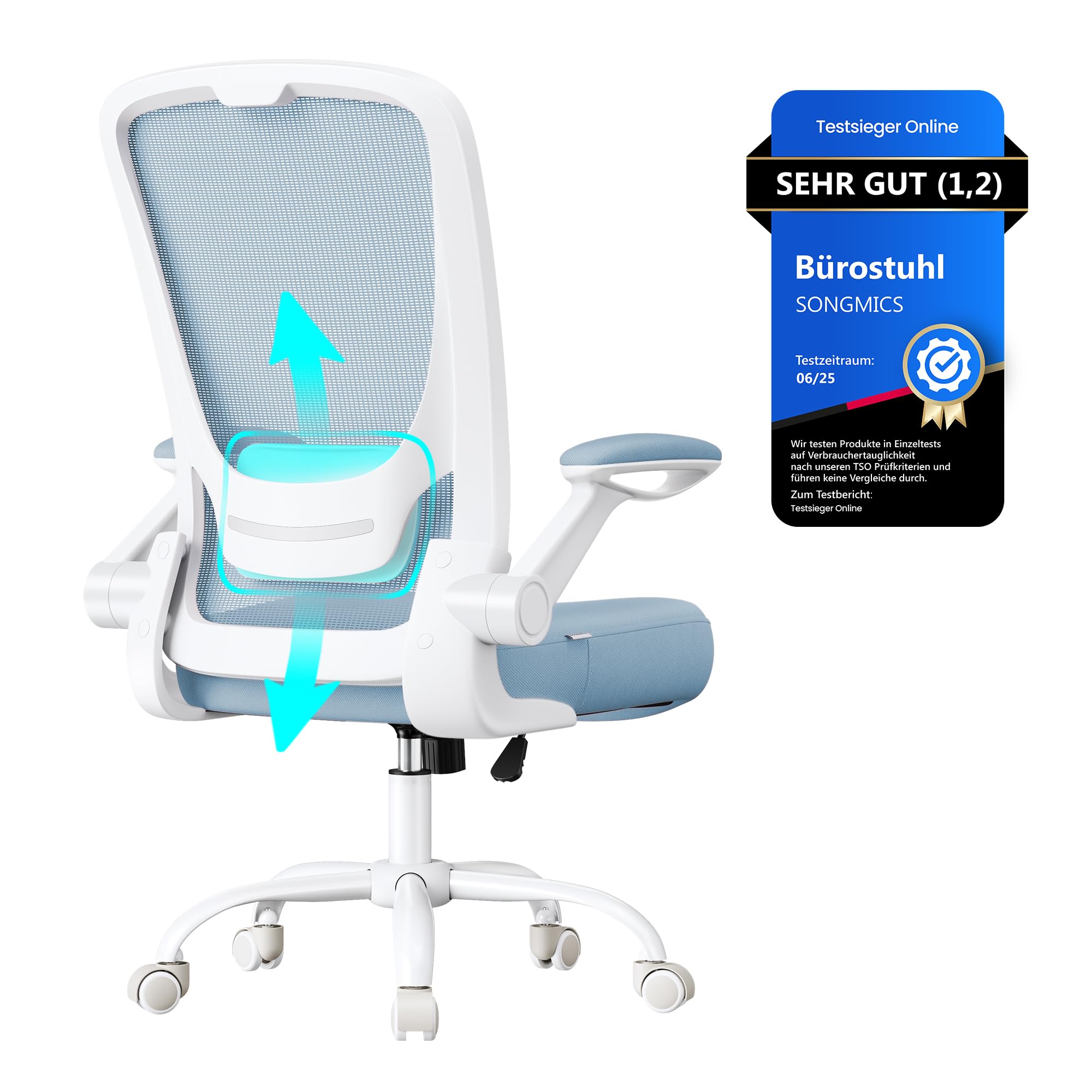 SONGMICS ergonomic office chair, swivel chair with mesh, lumbar support, rocker function, 53 cm seat, folding armrests, study and bedroom, students, fog blue OBN037Q01