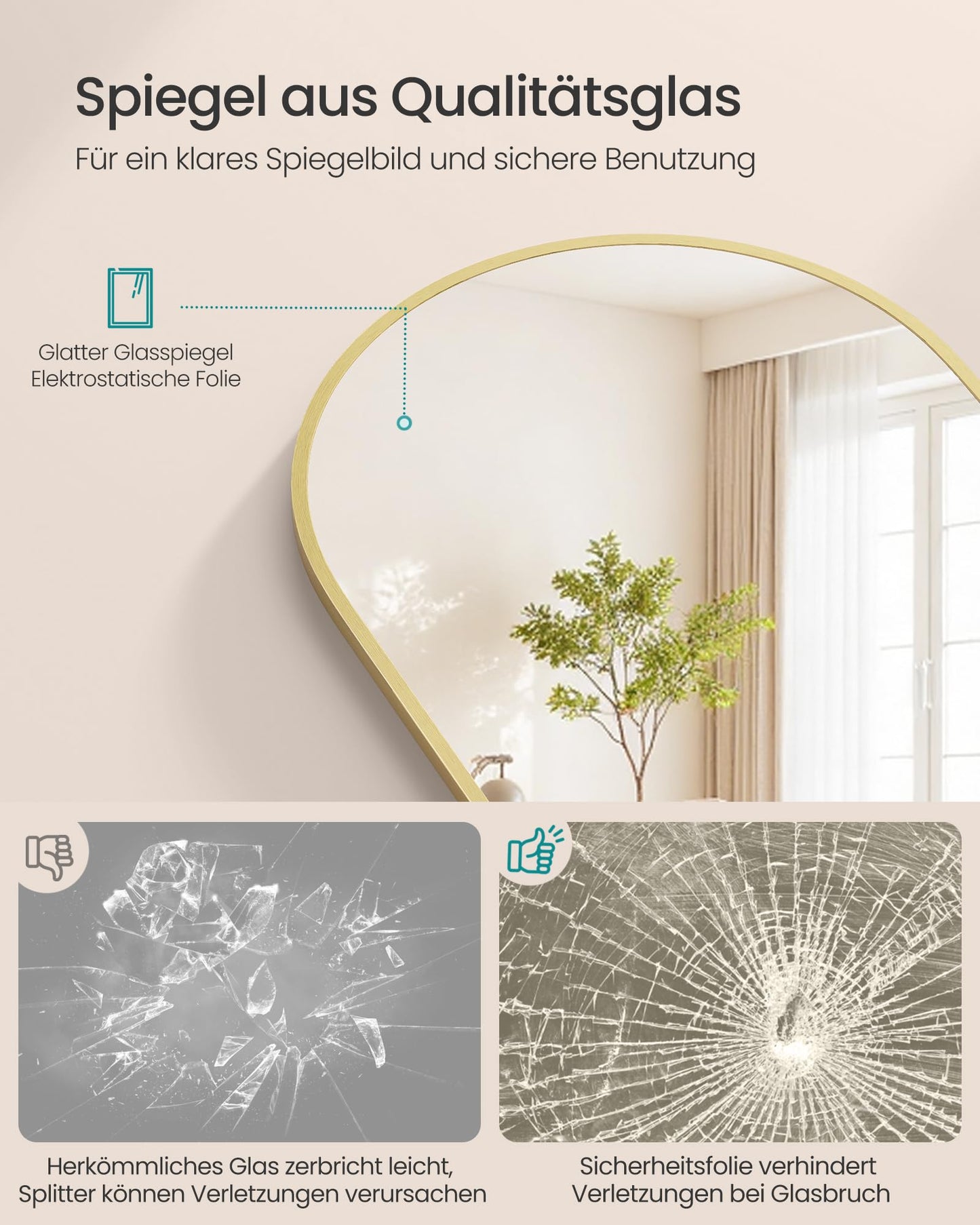 SONGMICS Full Length Mirror 150x40cm Curved Standing Mirror Aluminum Alloy Frame Tempered Glass for Bedroom Living Room Cloakroom Pale Gold LFM035AB01