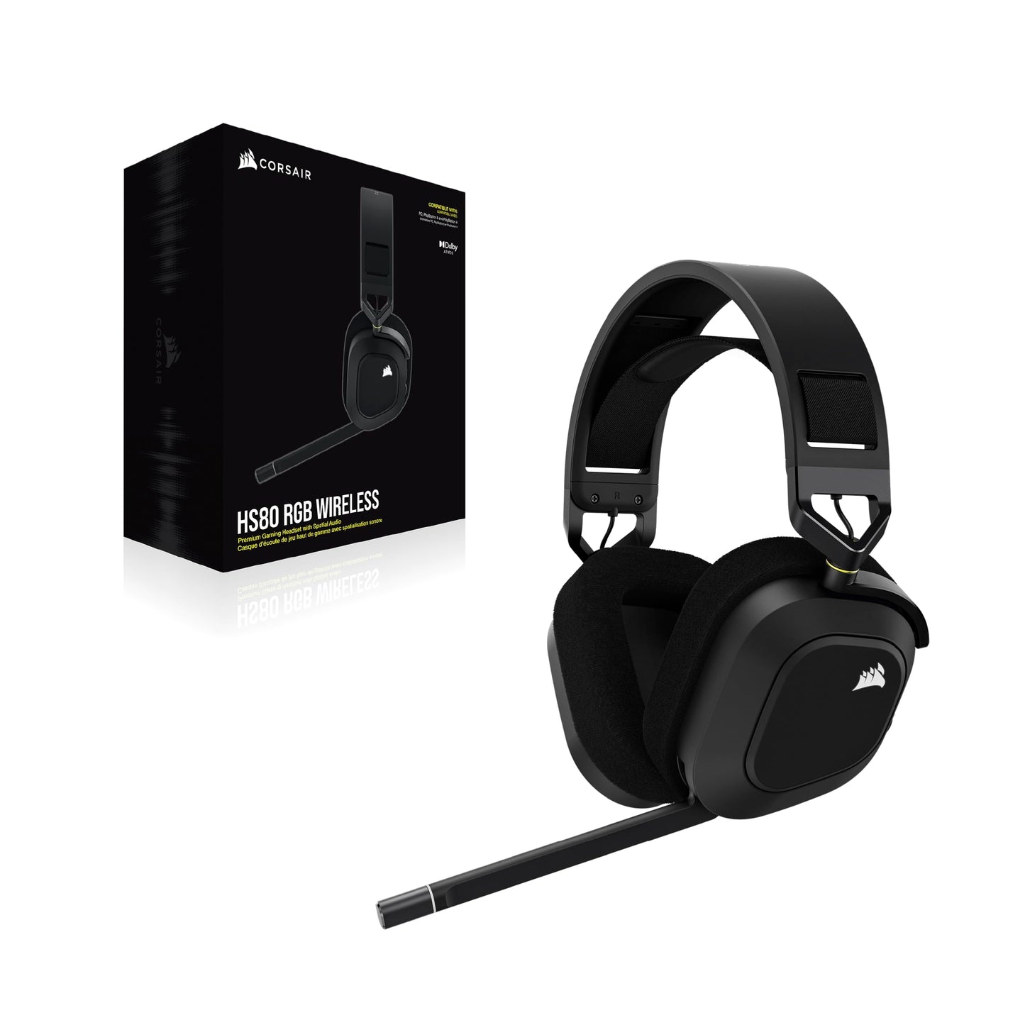 Corsair HS80 RGB Wireless Multiplatform Gaming Headset - Dolby Atmos - Omnidirectional Microphone - iCUE Compatible - PC, Mac, PS5, PS4 - Carbon - CA-9011235-EU