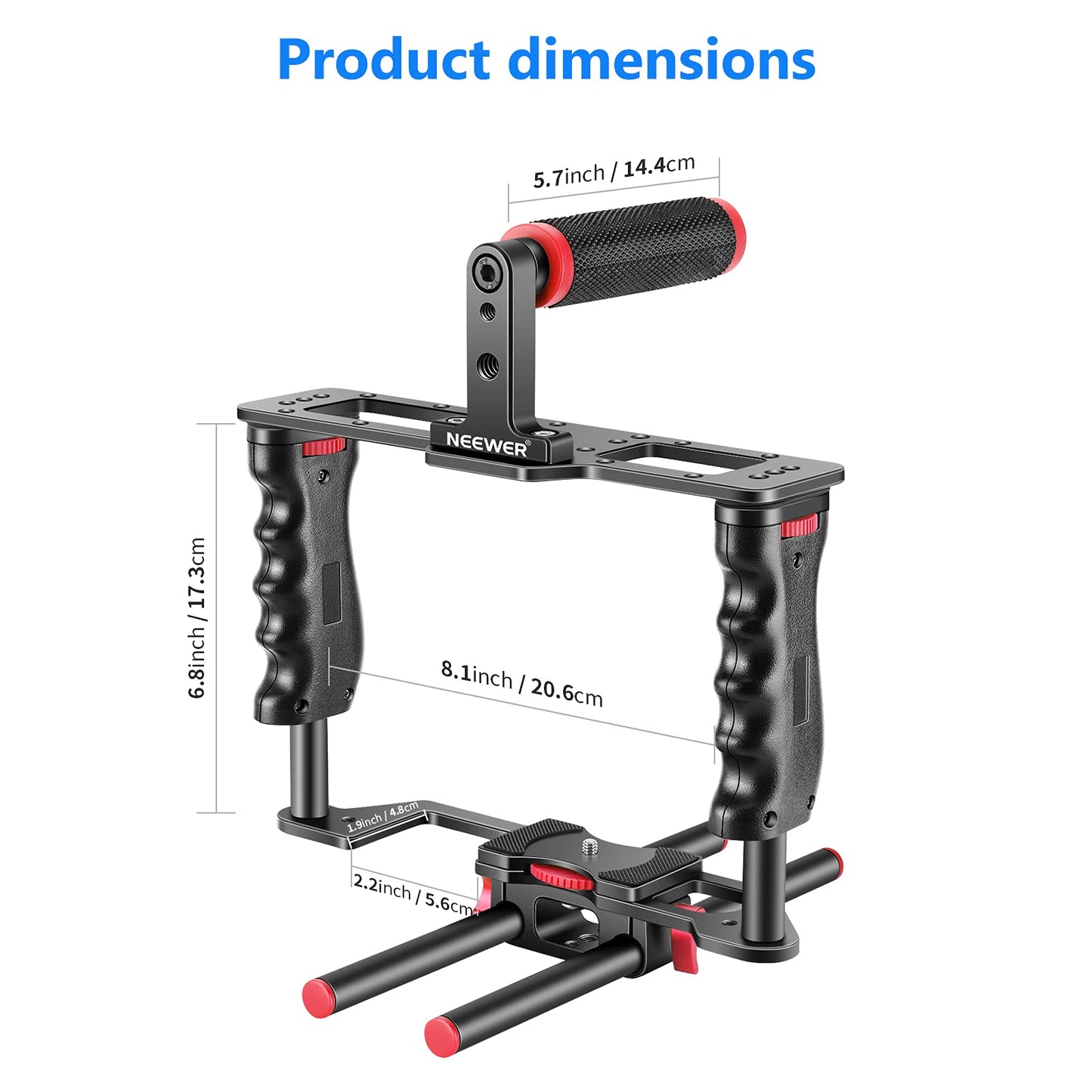 NEEWER Cage Camera Cage Made of Aluminum Alloy with Top Handle, Two Handles 15mm Rods, Video Stabilizer Compatible with Canon Sony Fujifilm Nikon DSLR Camera and Camcorder (Black + Red) - CG-MF