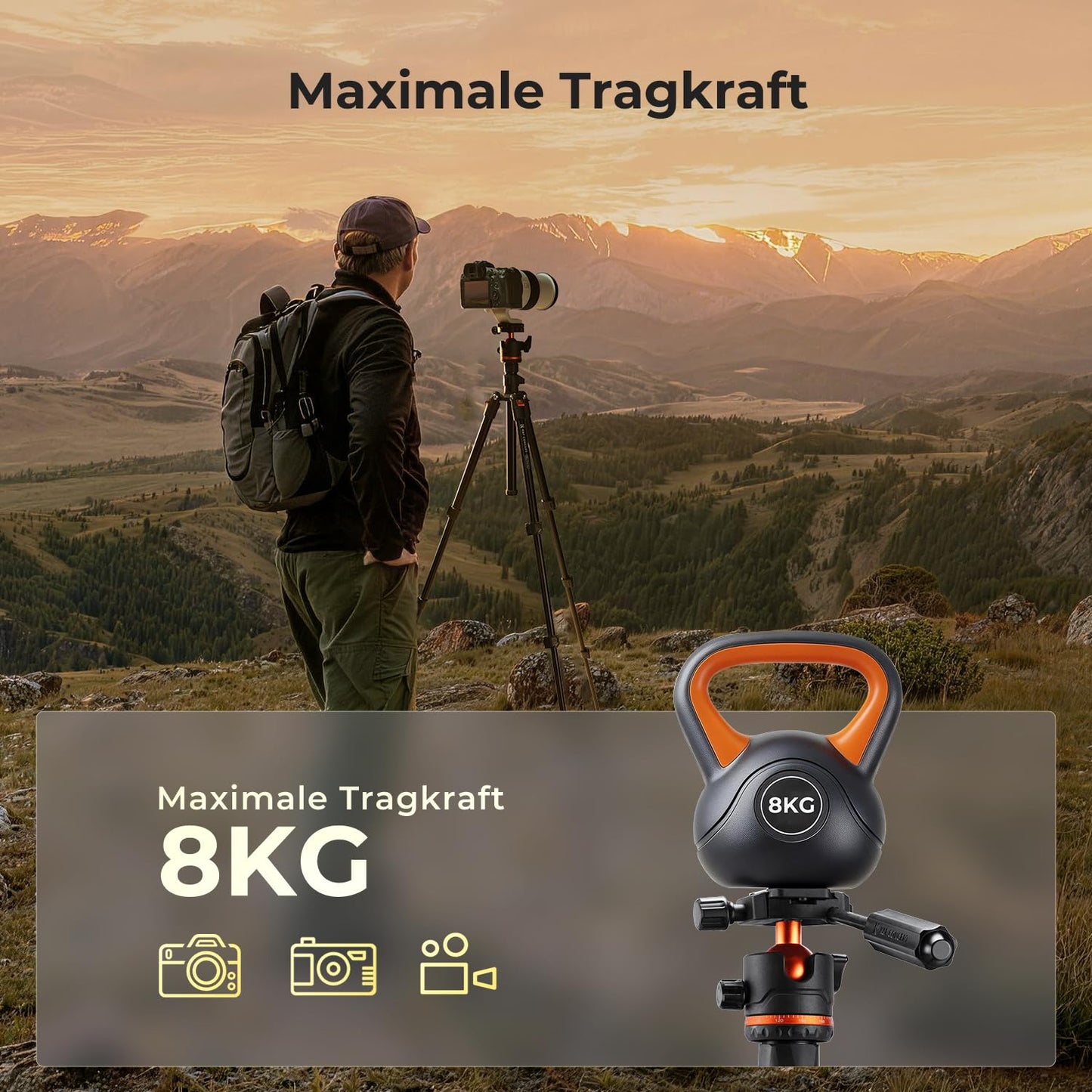 K&F CONCEPT Black 182CM Compact Aluminum Camera Tripod, Portable Travel Video Tripod, Compatible with iPhone, Load Capacity 8KG, Arca-Swiss Ball Head for DSLR and Mirrorless Cameras O234A3+BH-36