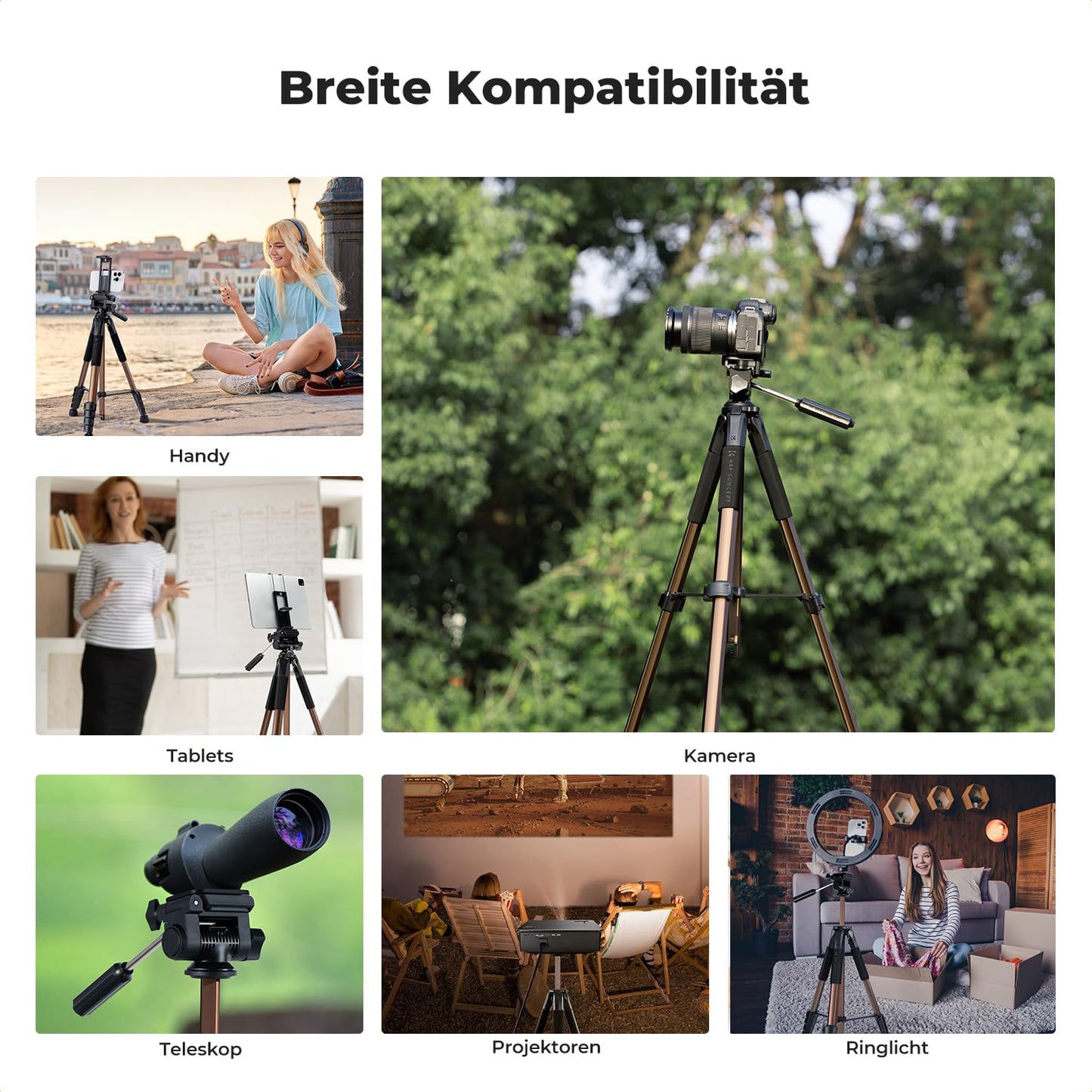 K&F CONCEPT Camera tripod S255A3+BV01, lightweight tripod with bag, 190 cm mobile phone tripod, tripod for Canon Nikon Sony camera/DSLR/camcorder, tripod for smartphone, travel tripod with mobile phone tablet holder (gold) - KF09.156
