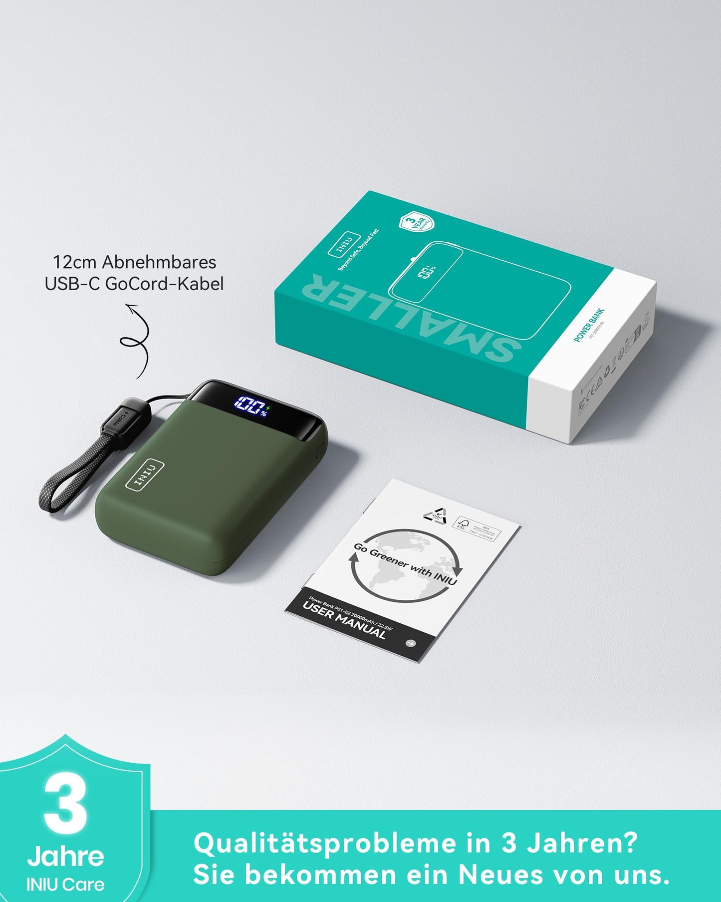 INIU Ultra Small 20000mAh Power Bank, 22.5W Quick Charge PowerBank with Removable USB C Cable, Flight-Friendly & Travel Essential, External Mobile Phone Batteries for Camping, Outdoor Activities, Festivals, Green - P512