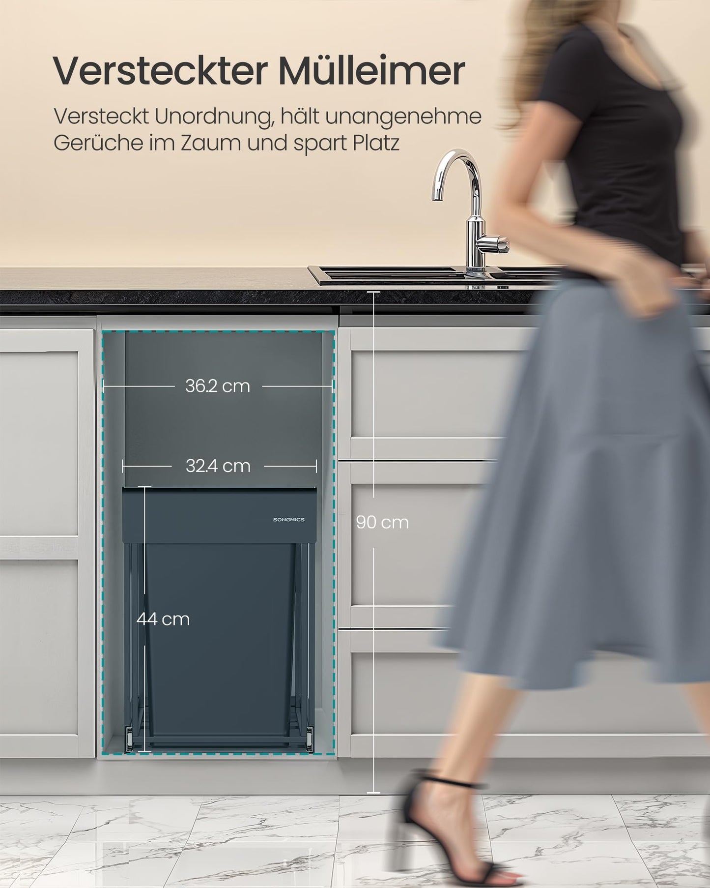 SONGMICS waste bin kitchen, waste separation system for base cabinet, 2 x 20 L, waste bin 2 compartments, extendable, steel frame, ABS lid, gray LTB951GZ01
