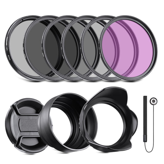 NEEWER lens filter set 46 mm UV CPL and ND filters (ND2, ND4, ND8) FLD filter, tulip-shaped aperture, collapsible rubber aperture, filter bag, seat belt and cleaning cloth - NW