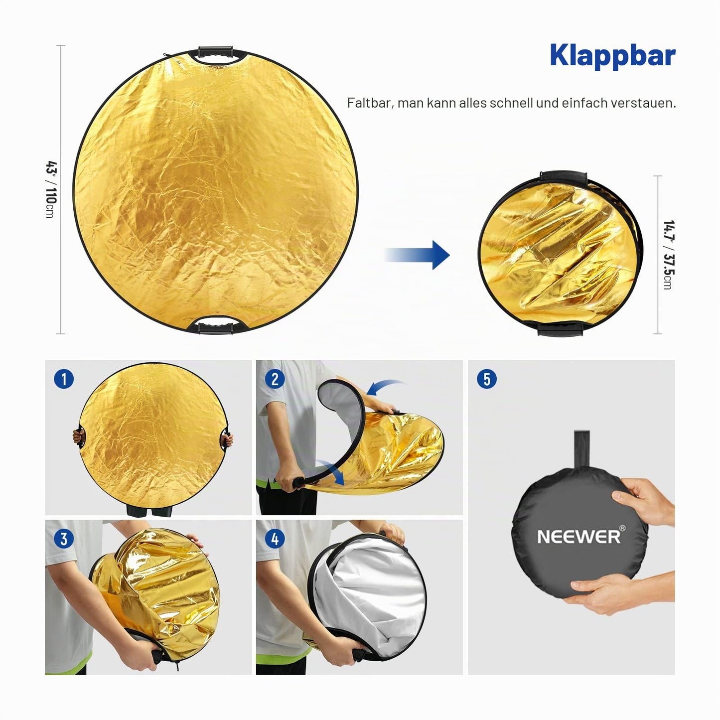 NEEWER 110cm Light Reflector with 3/8" Thread Handle, 5-in-1 Foldable Disc Light Diffuser, Translucent/Silver/Gold/White/Black for Photography Lighting, Outdoor Lighting, RF-110II