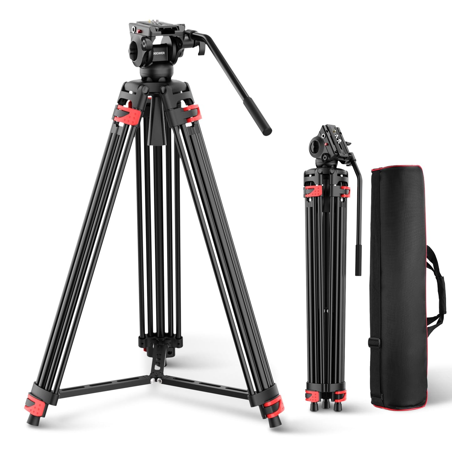 NEEWER Basic 74" video tripod with fluid head [basic version], metal camera tripod with gentle friction damping, center spreader, quick release plate compatible with 501, maximum load 17.6lb, TP37