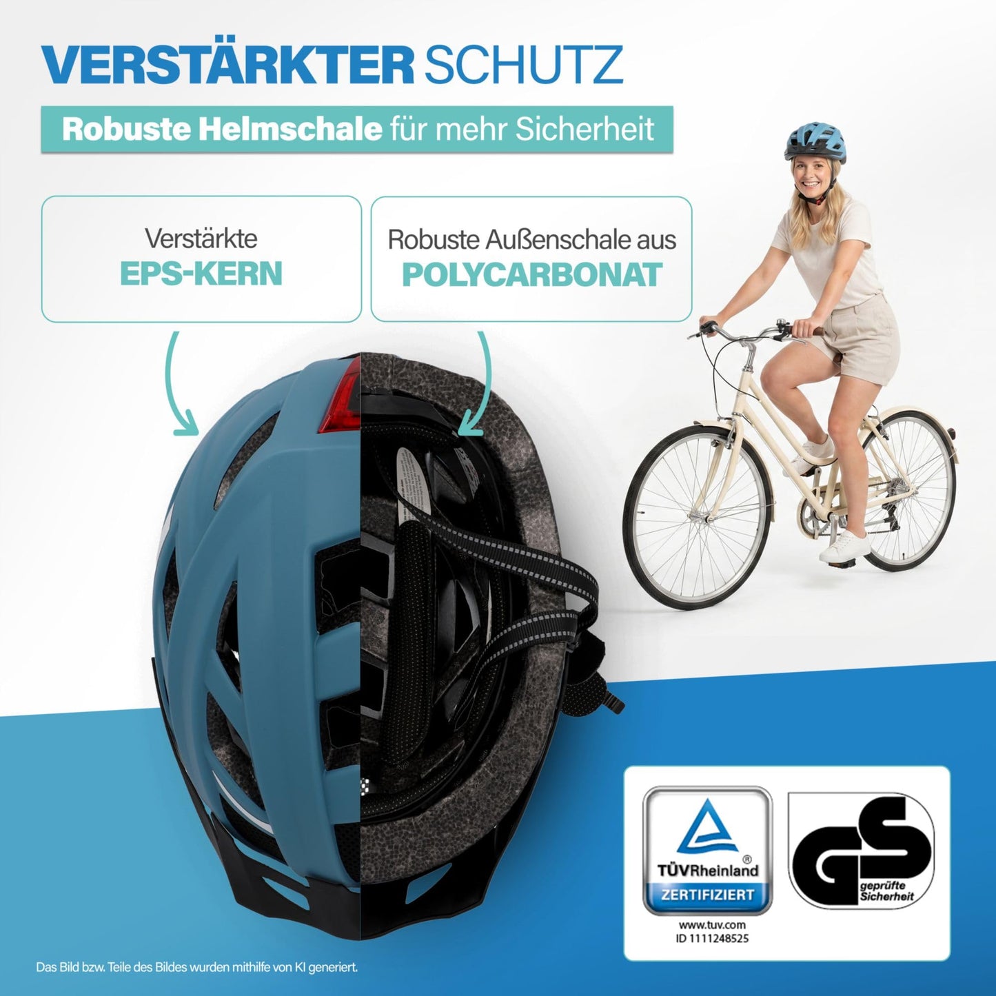 FISCHER adult bicycle helmet, cycling helmet, city helmet Urban Plus Chicago, L/XL, 58-61 cm, blue, with integrated LED rear light - 50634:FISCHER