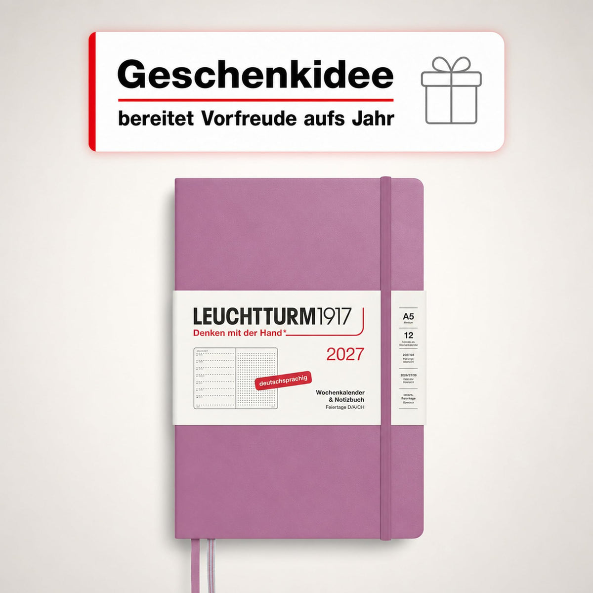 LEUCHTTURM1917 Calendar săptămânal 2027 punctat mediu (A5) cu caiet - Planificator de întâlniri german, Dusty Rose, ianuarie-decembrie 2027, Prezentare generală săptămânală în stânga + Pagina de note în dreapta - 400091