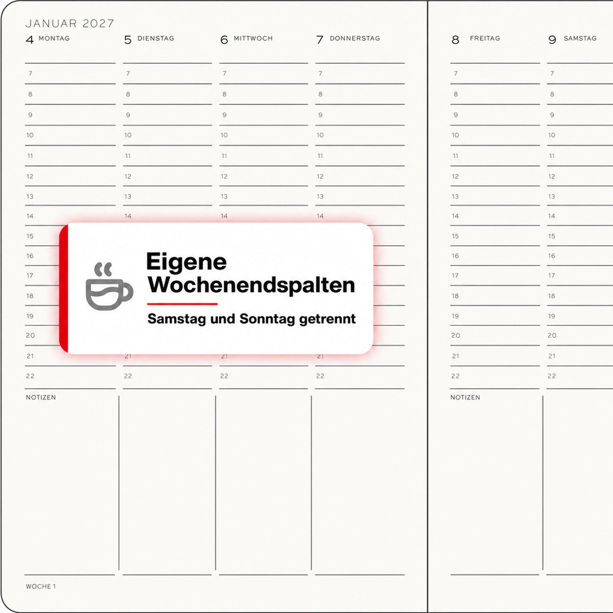LEUCHTTURM1917 weekly planner 2027 Composition (B5) - German, Sunflower, 254 x 178 mm, January-December (12 months), weekly overview with hourly grid 7:00-22:00 per column, hardcover, 80 g/m² paper - 400143