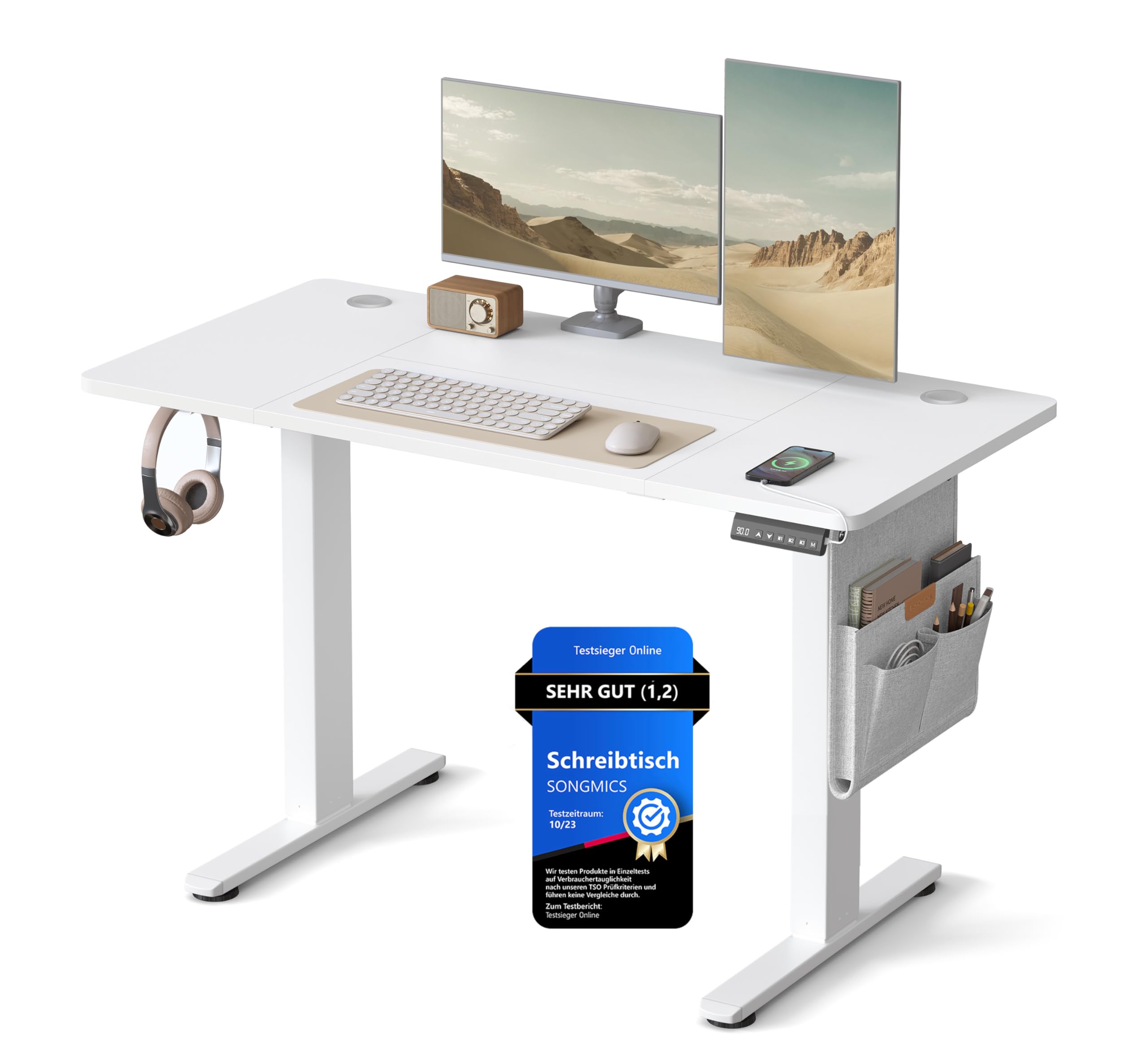 SONGMICS Height-adjustable desk electric, 120 x 60 cm, adjustable table, memory function for 4 heights, for office, cloud white LSD132W01