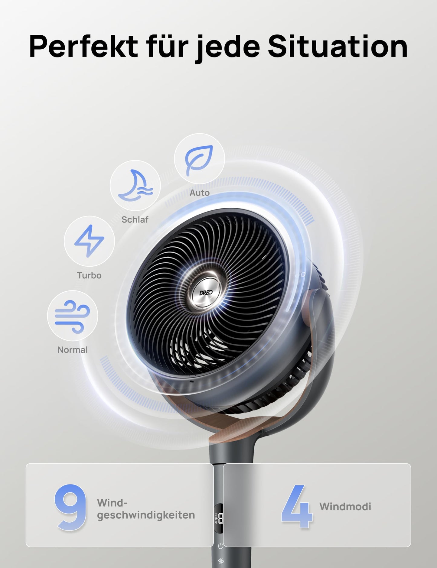 DREO pedestal fan very quiet, large fan with remote control, 20dB silent fan with DC motor, 120° oscillating, 4 modes, 94-107cm height adjustable, floor fan, TurboPoly Fan 512, gray