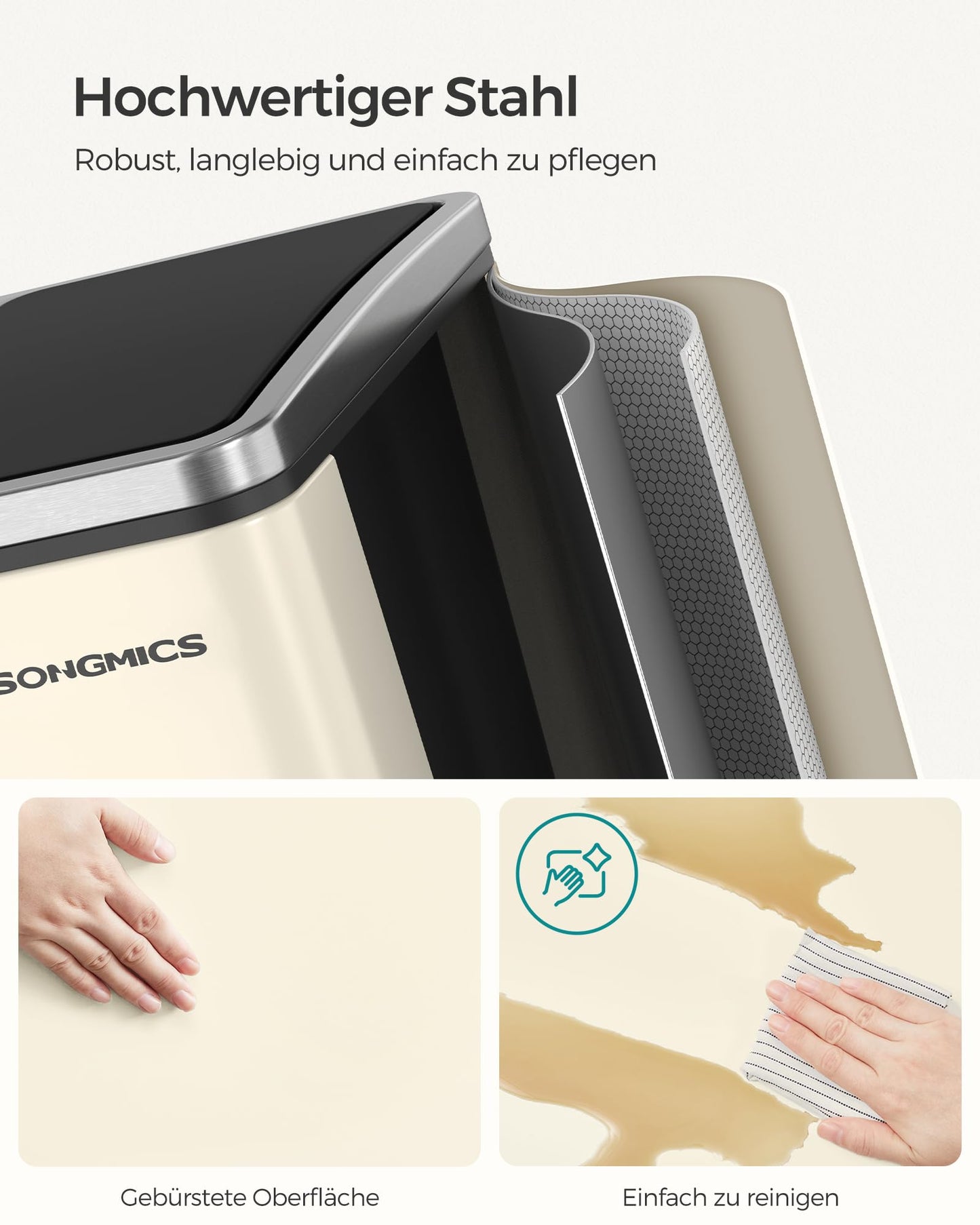 SONGMICS kitchen trash can, 2 x 15 liters, waste separation system 2 compartments, including 15 trash bags, trash can, pedal bin, recyclable waste, organic waste, soft close lid, sand beige-ink black LTB30A02 - ULTB30A02
