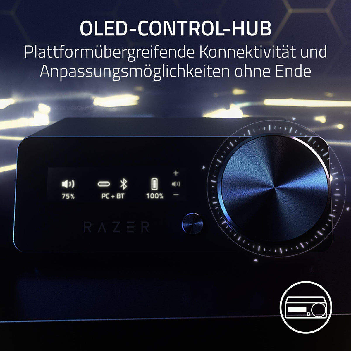 Razer Kraken V4 Pro - Cască de gaming wireless cu Control Hub Sensa HD-Haptik (Control Hub OLED, drivere Triforce de 40mm, HyperSpeed & Bluetooth, THX Spatial Audio, RGB) Negru - RZ04-05160100-R3M1