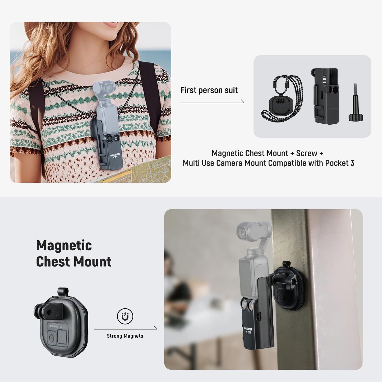 NEEWER Basics 16 in 1 Accessory Set Compatible with DJI OSMO Pocket 3, Mini Tripod Selfie Stick Chest Strap Magnetic Neck Attachment Extension Adapter Mountaineering Cycling Dual Cam Vlog, GP-52 - 10105863
