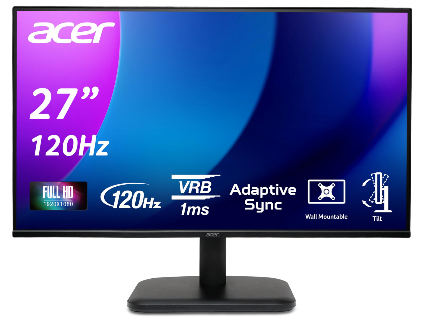 Acer EK271G monitor 27 inch (69 cm screen) Full HD, IPS panel, 120Hz, 1ms (VRB), AdaptiveSync, HDMI, VGA, Vesa 100x100, 1920x1080, 16:9