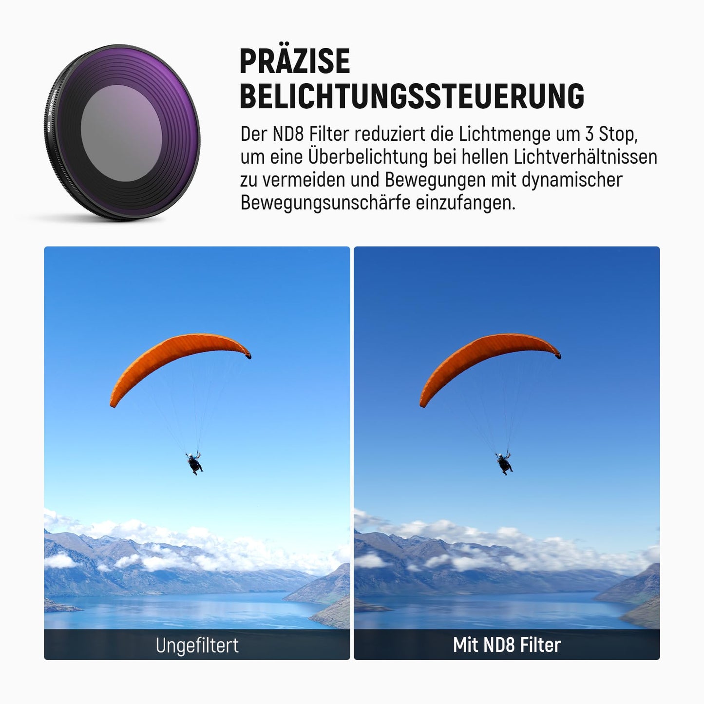 NEEWER ND filter set compatible with DJI Osmo Nano (ND8/UV/CPL), pack of 3, screw-on action cam lens, gray filter polarizing filter, multi-coated optical glass, photo accessories with screen protector - FL-N5