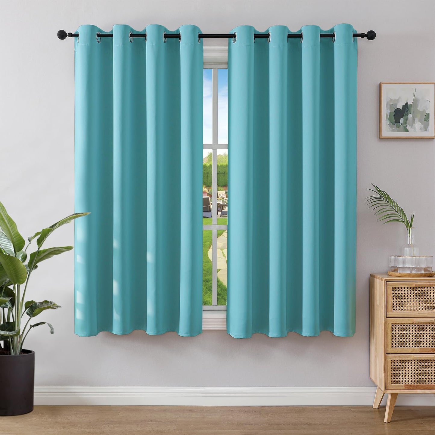 Joydeco Opaque curtains with eyelets, set of 2, blackout curtain, thermal curtain, heat protection, eyelet curtain for bedroom, living room (2xH137xW117, cyan blue) - EJ21001-TBU