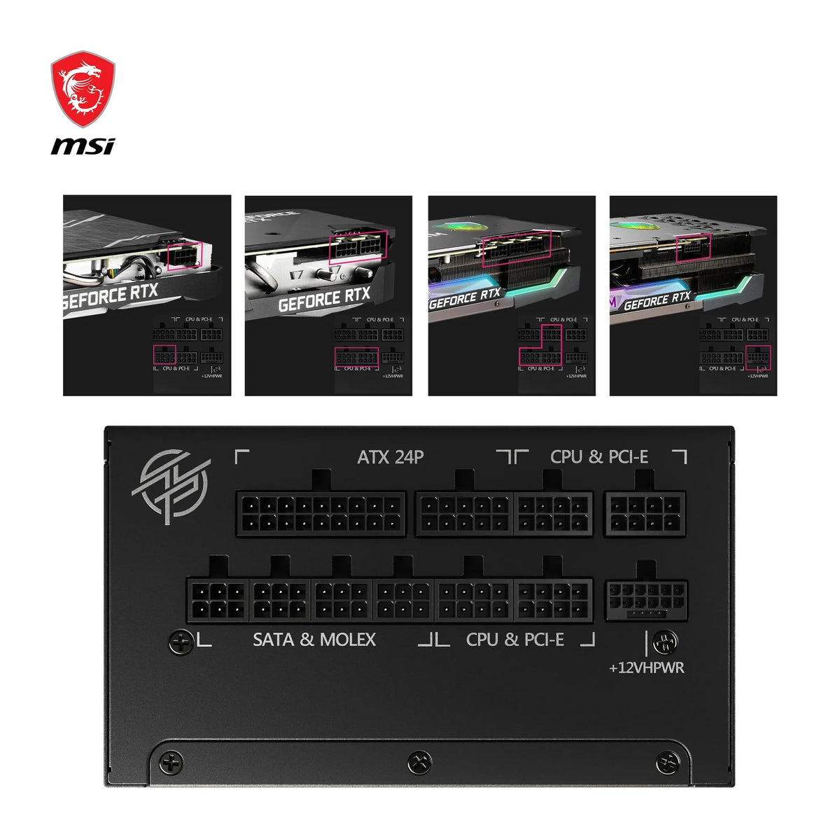 MSI MPG A1000G PCIE5 Sursă de alimentare cu conector EU, 1000W, certificat 80 Plus Gold, complet modular ATX 3.0, suportă GPU PCIe 5.0, condensatori japonezi la 105°C, mod 0% RPM, cabluri plate - 306-7ZP7C11-CE0