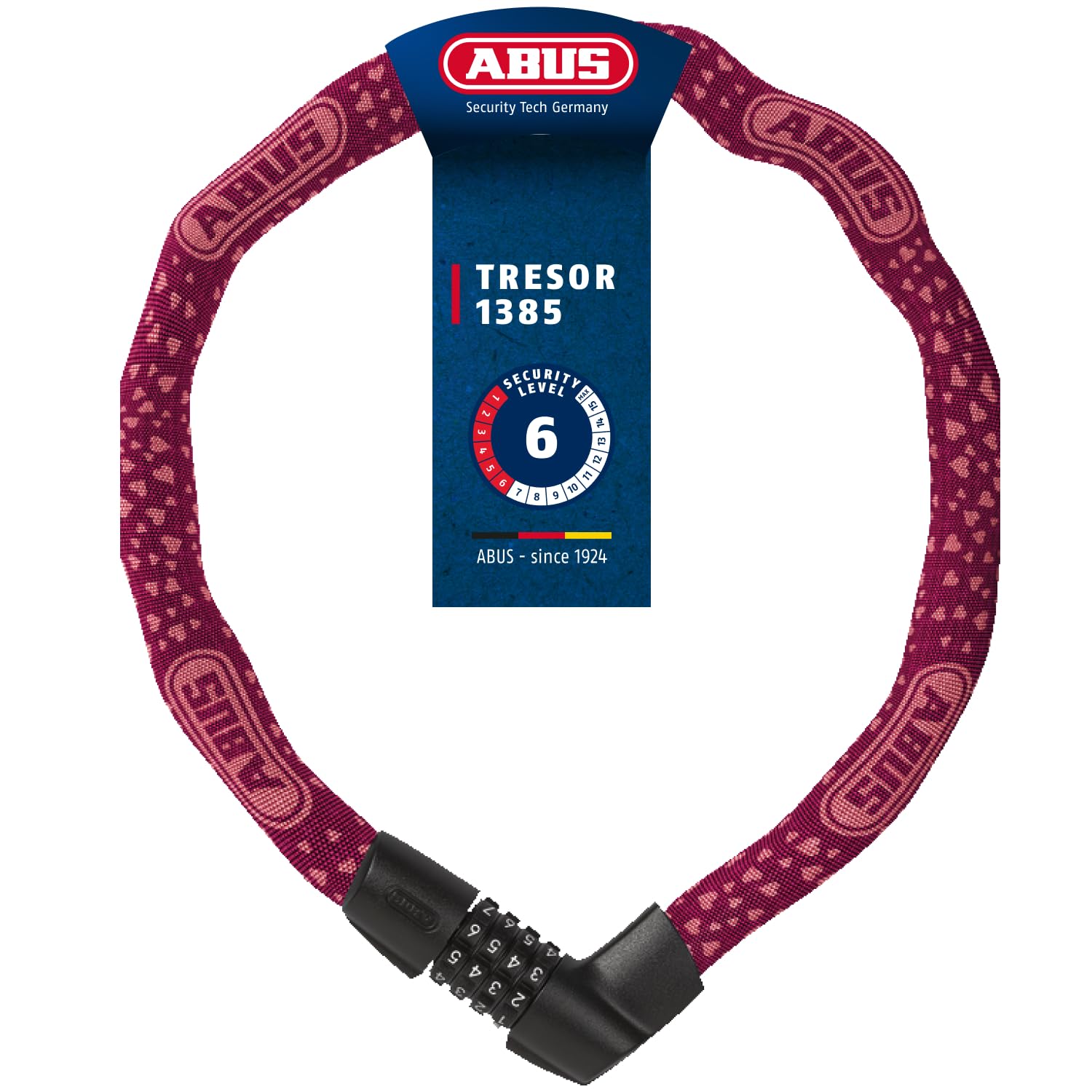 ABUS chain lock Tresor 1385/75 Cherry Heart - combination lock made of hardened steel - 6 mm thick square chain - ABUS security level 6 - 75 cm - red - 88013