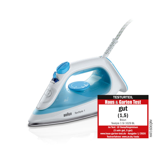 Braun steam iron TexStyle 1 SI1029BL, iron, non-stick coated soleplate, 120 g/min steam boost, suitable for tap water, quick heating (35 seconds), 220 ml, 1,900 watts, blue