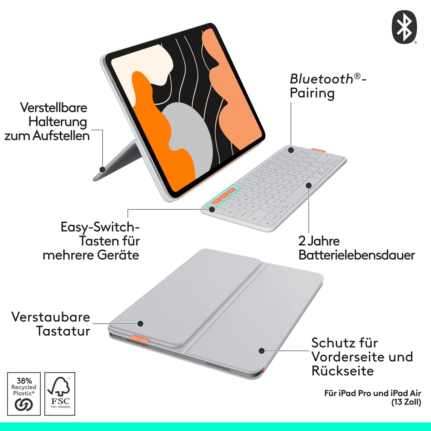 Logitech MX Anywhere 3S for Mac, compact wireless Bluetooth mouse, 8K DPI scanning on any surface, flip folio, keyboard case for iPad Pro 13 inch (M4) iPad Air 13 inch (M2 and M3), DEU QWERTZ - 910-006929