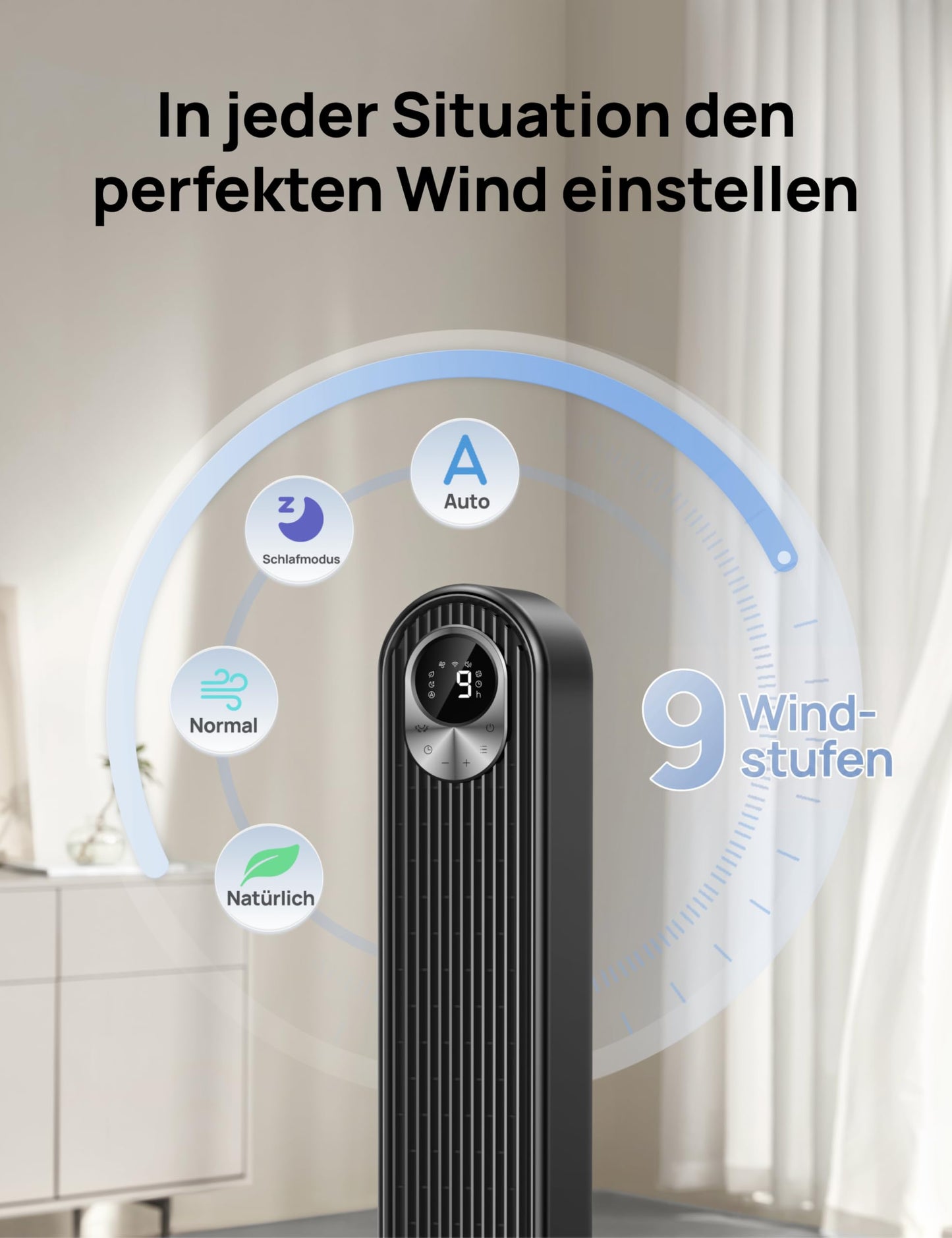 Dreo Smart 20dB DC Motor Tower Fan Quiet, 11M Wind Distance Fan with Remote Control, 9 Levels 4 Modes, 90° Oscillating Stand Fan with Voice Control for Bedroom, 12H Timer - DR-HTF018S