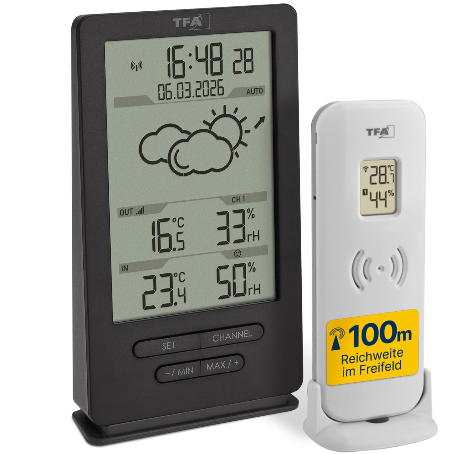 TFA Dostmann digital radio weather station with outdoor sensor, 35.1162.10, indoor and outdoor climate, with transmitter, weather forecast, including radio clock, temperature/humidity, Amazon exclusive, gray