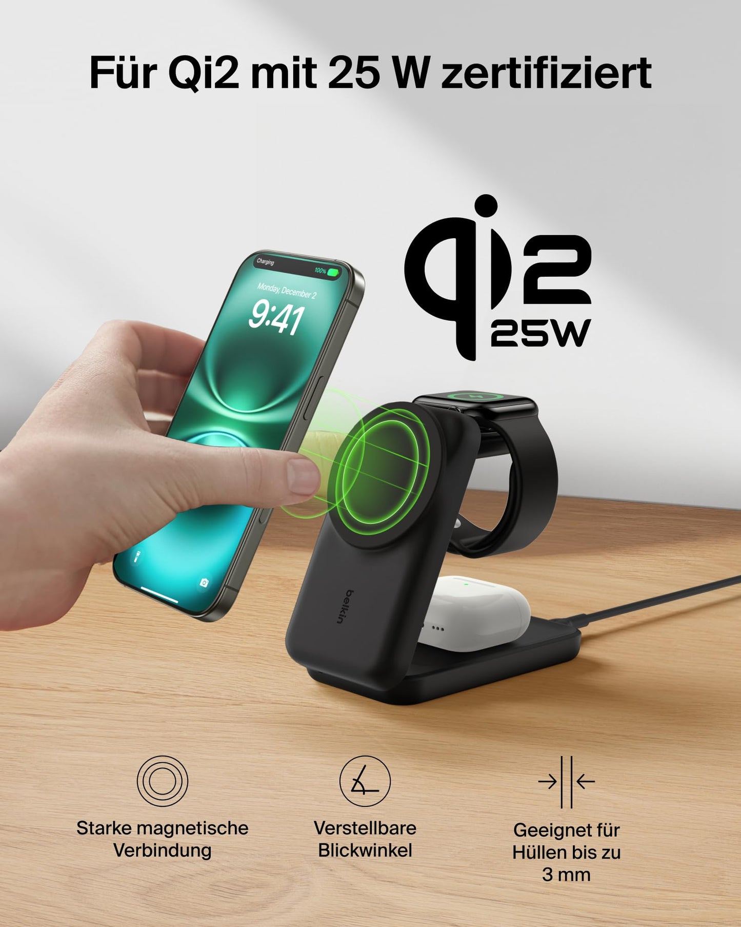 Belkin UltraCharge 3 in 1 charging station with Qi2.2, 25W, charger MagSafe compatible, inductive charging station for iPhone 17, iPhone Air, Apple Watch, AirPods, Pixelsnap, with 45 W adapter - black - WIZ036kqBK