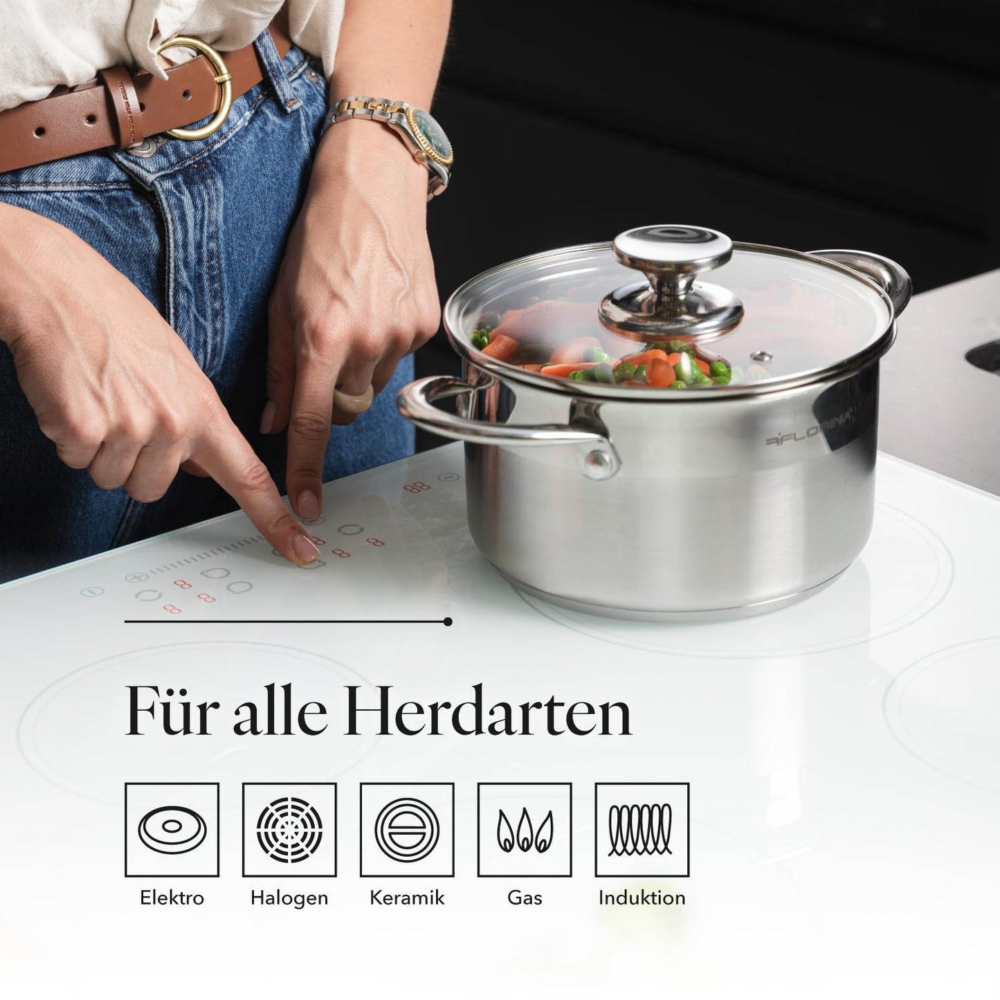 FLORINA stainless steel pot 3.5 l 20 cm diameter I Energy-saving cooking pot FALCON I Pot with glass lid and measuring scale I 3-layer base even heat distribution I Ideal for all types of stoves - 5G1043