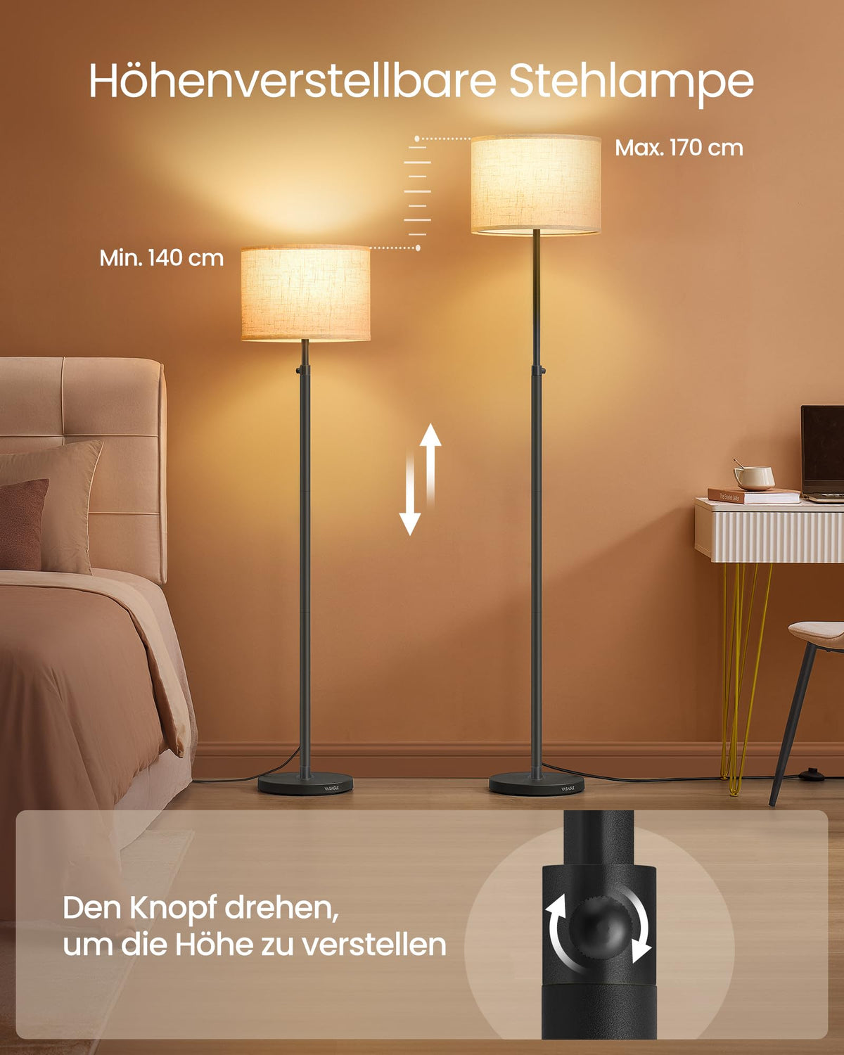 VASAGLE lampă de podea pentru living, lampă de citit ajustabilă în înălțime 140-170 cm - LFL002BH02