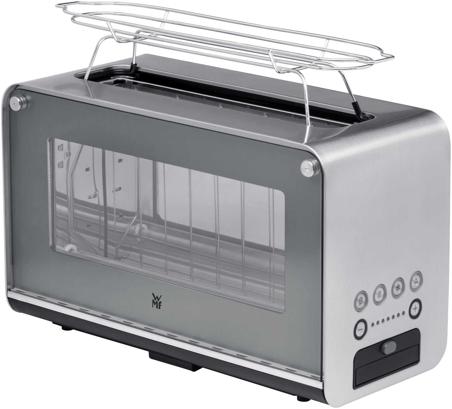 WMF Lono toaster glass with bread roll attachment, for 2 slices, XXL toast, warm-up function, 7 browning levels, matt stainless steel - 414140011