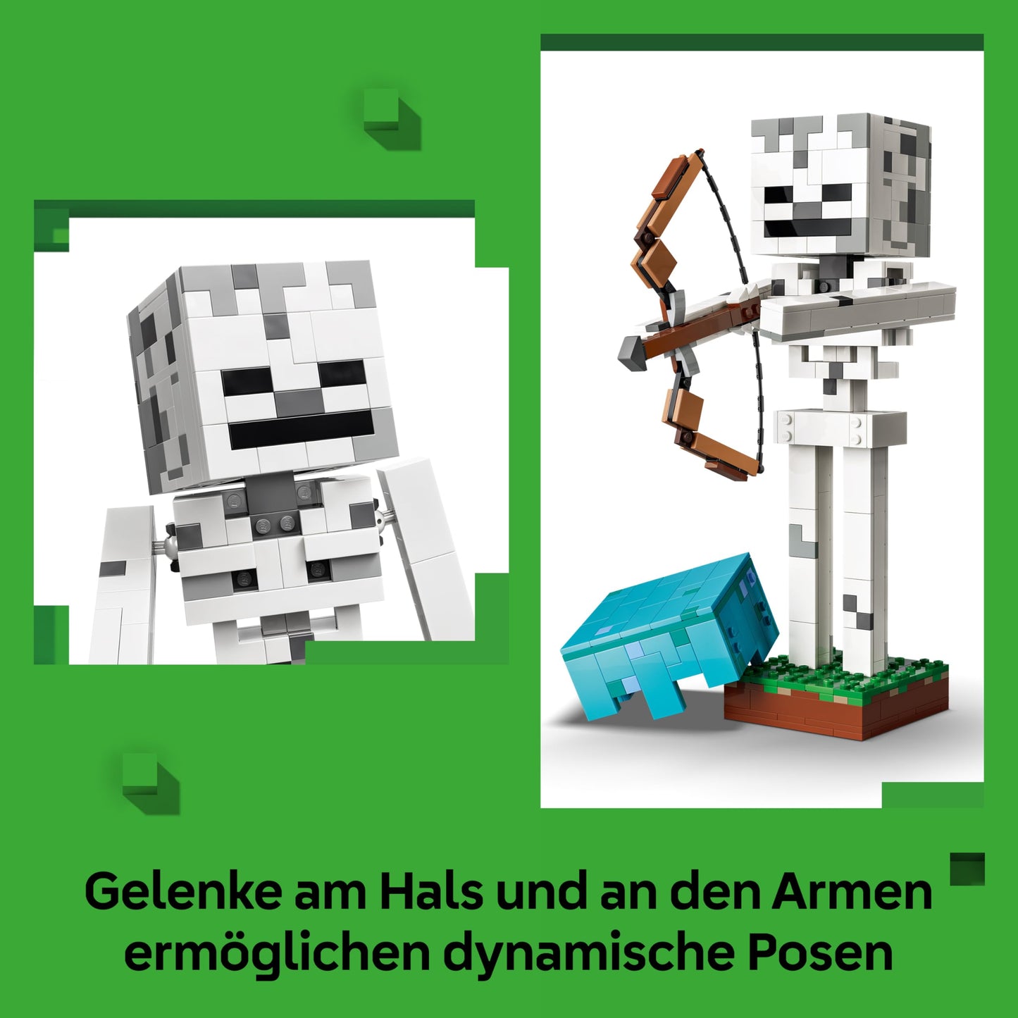 LEGO Minecraft The Skeleton - Mob figure with diamond helmet, bow and arrow and grass base as a room decoration for children - gaming gift for boys, girls and fans aged 10 and over - 21594