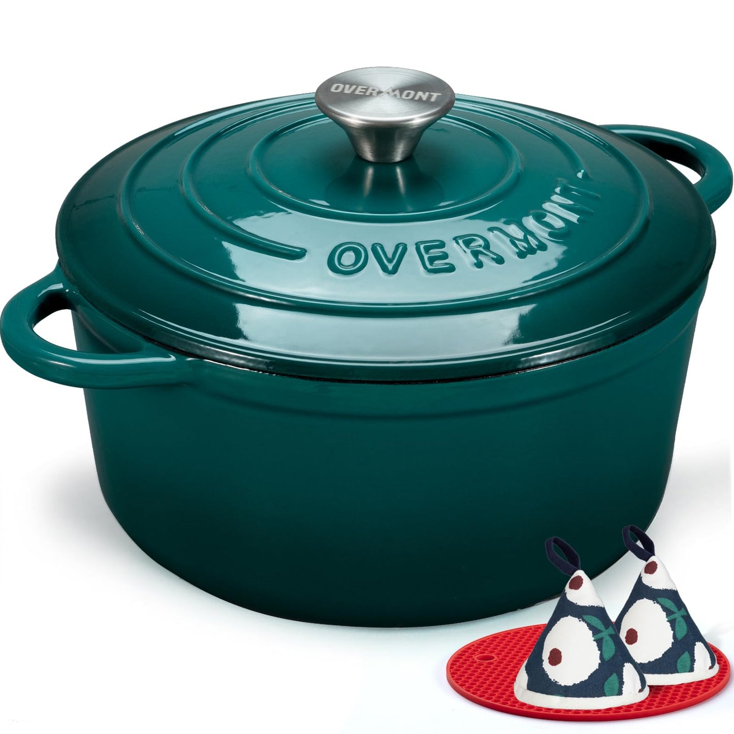 Overmont roasting pan enamel cast iron pot - casserole 26cm oven-safe - with lid and cookbook - for kitchen baking stewing roasting sea blue - Sea