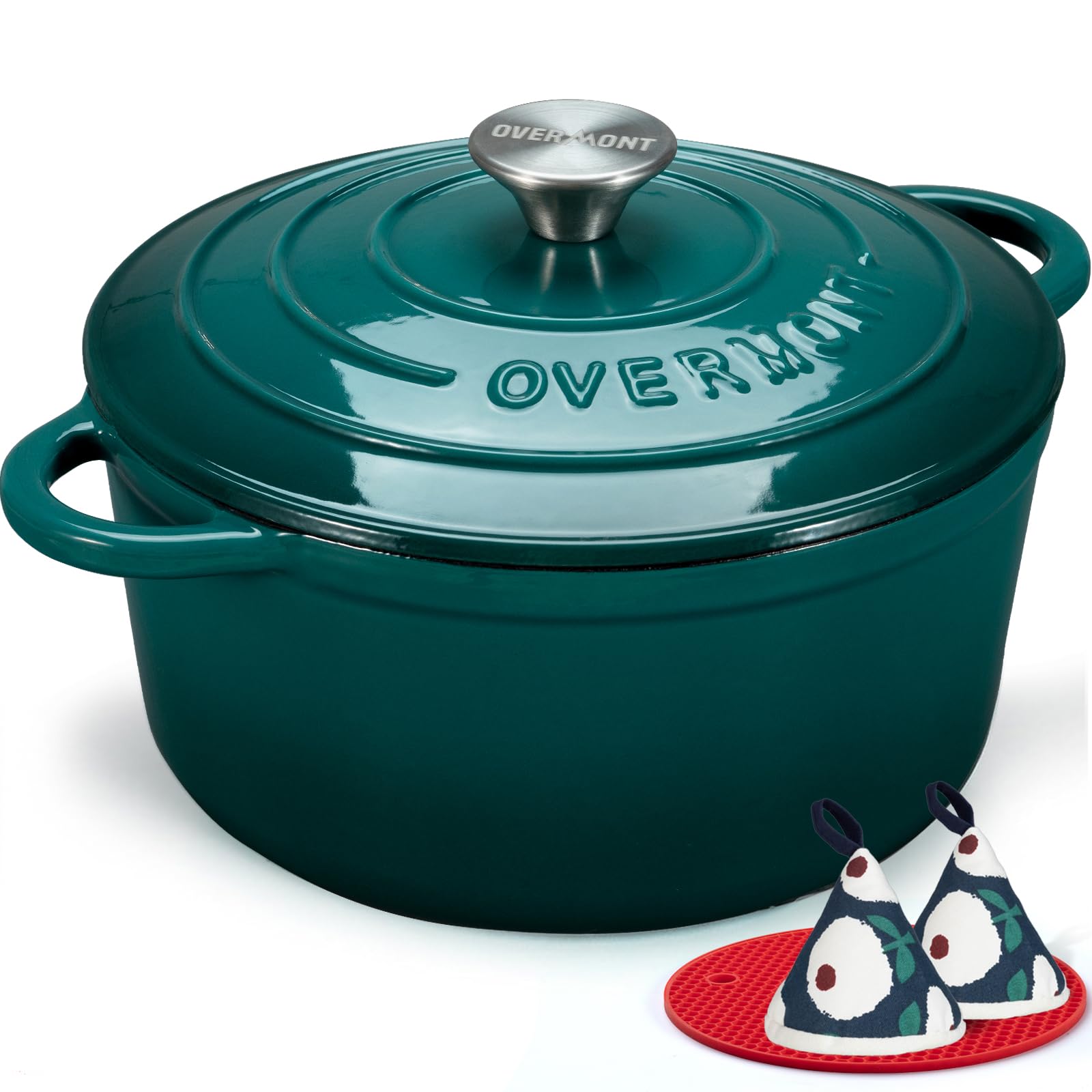 Tavă de friptură Overmont Oală din fontă emailată - caserolă 28cm sigură pentru cuptor - cu capac și carte de bucate - pentru bucătărie coacere gătire tocană friptură albastru marin - Emailată