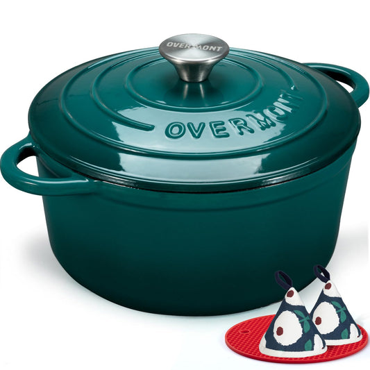 Tavă de friptură Overmont Oală din fontă emailată - caserolă 28cm sigură pentru cuptor - cu capac și carte de bucate - pentru bucătărie coacere gătire tocană friptură albastru marin - Emailată