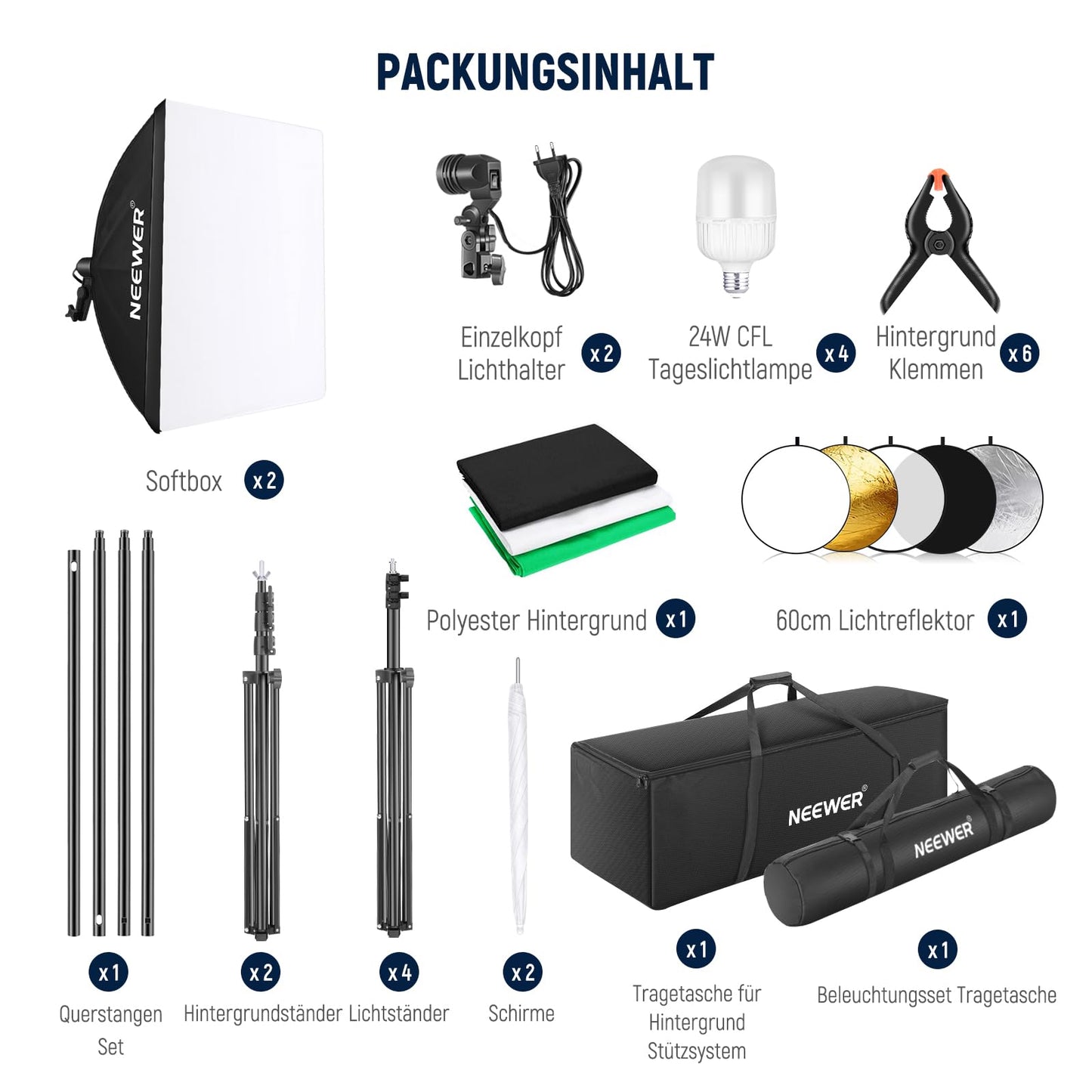NEEWER Photography Lighting Set with Background, 8.5x10ft Background Stand, 5700K 800W Equivalent 24W LED Umbrella Softbox Continuous Light, 60cm Light Reflector, Photo Studio Equipment for Video Recording - 10104080