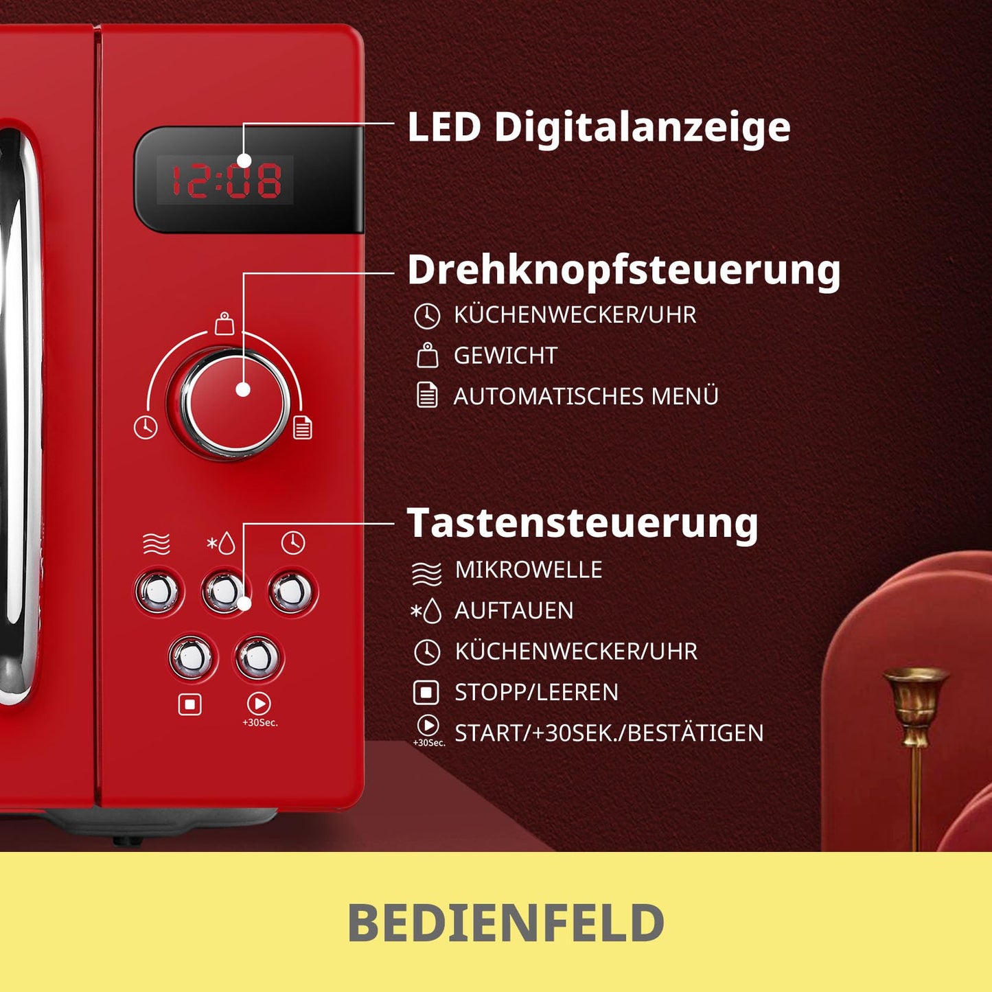 Comfee CMSRO 20 di rd retro microwave with 8 automatic menus, 5 power levels, pressure cooking button, 20 l, 800 W, passionate red